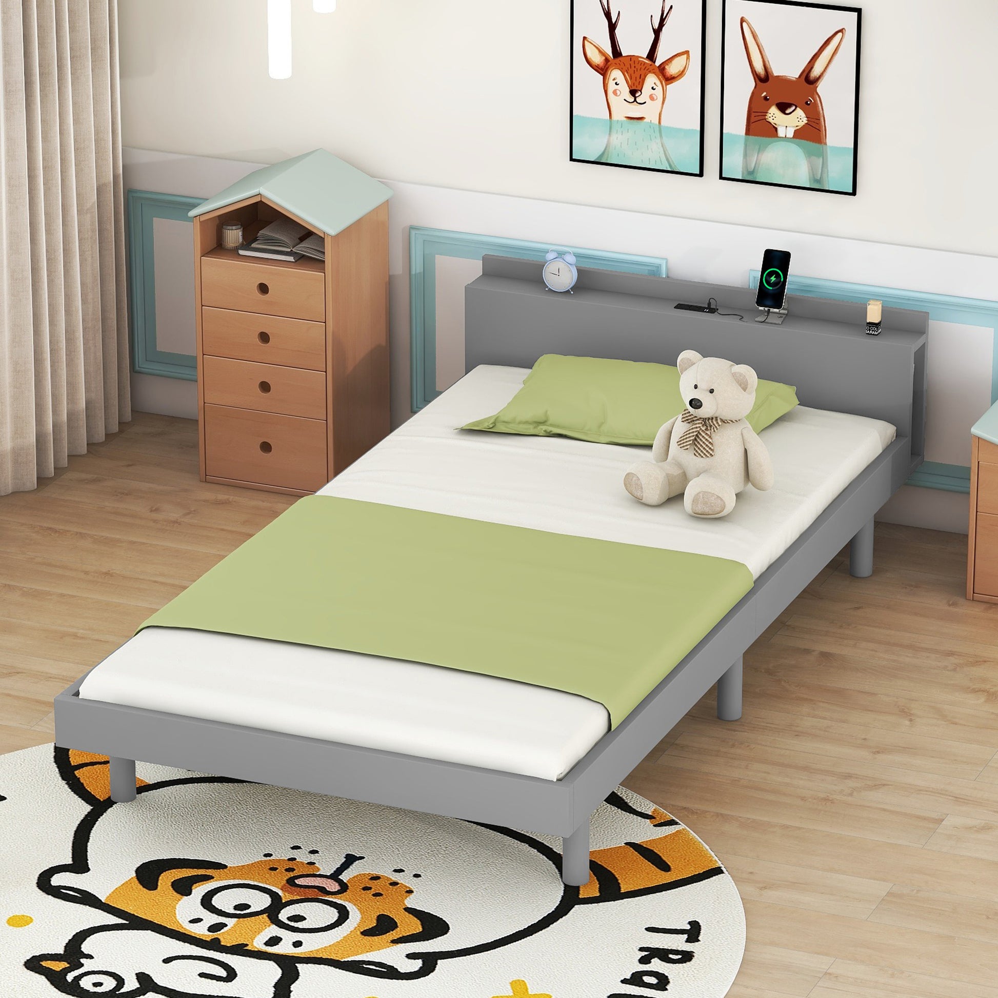 Modern Design Twin Size Platform Bed Frame With Built In Usb Port For Grey Color Grey Particle Board