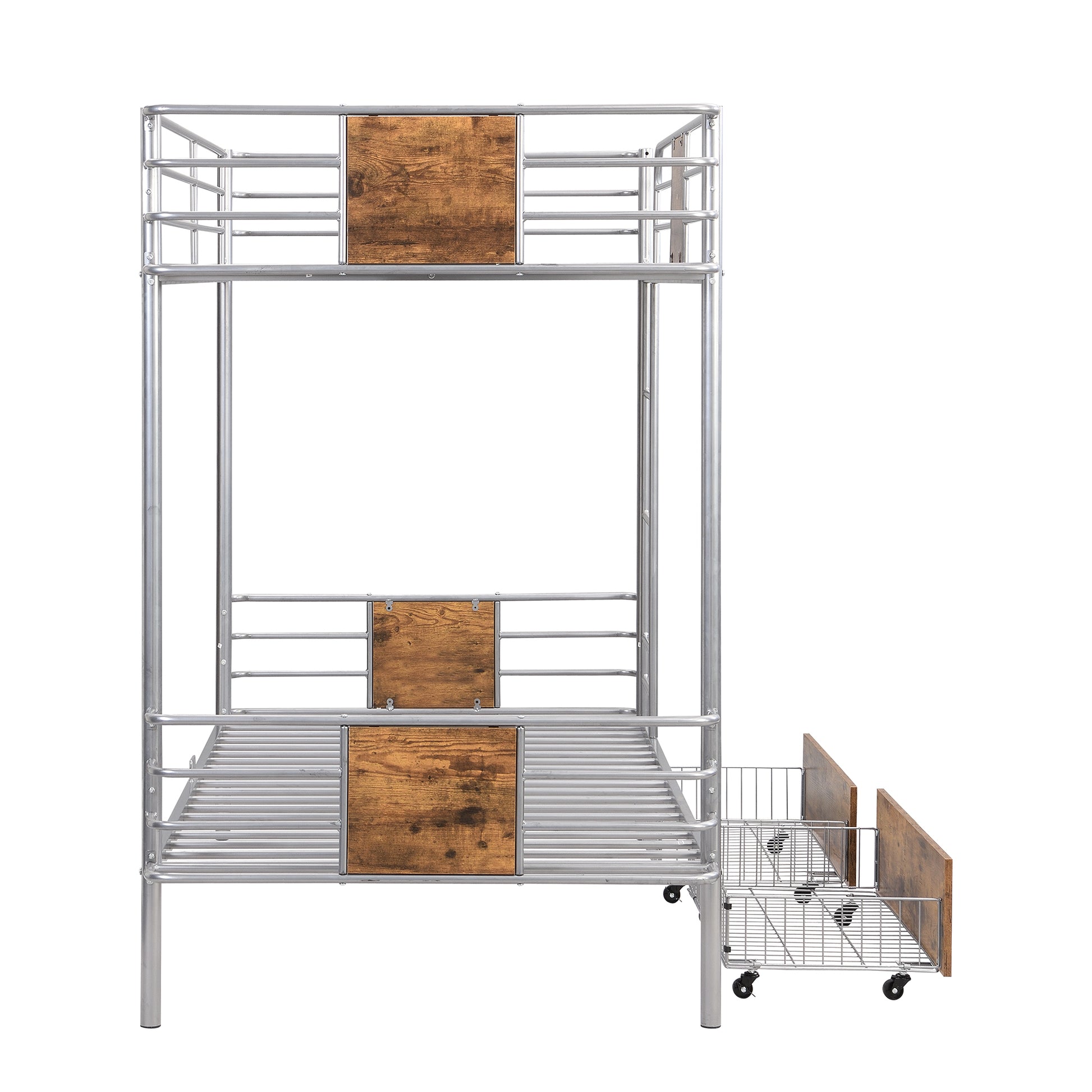 Twin Xl Over Twin Xl Metal Bunk Bed With Mdf Board Guardrail And Two Storage Drawers,Silver Twin Xl Silver Metal