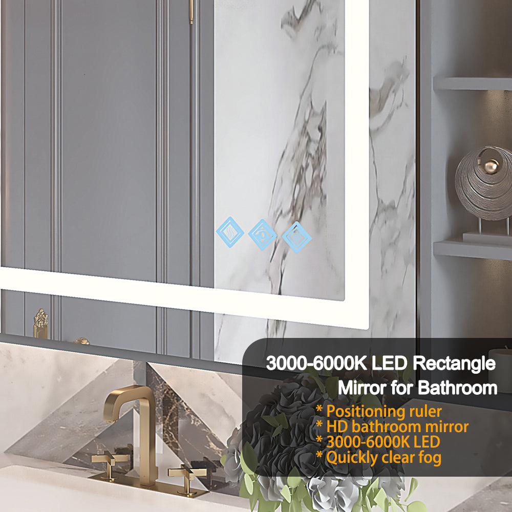 32X24Inch Glossy Brushed Silver 3000 6000K Led Bathroom Mirror With Lights,Anti Fog Dimmable Lighted Wall Mounted Vanity Mirror Master Bath Modern Makeup Only Mirrors, Not Cabinets Horizontal&Vertical Silver Classic,Modern Aluminium Alloy