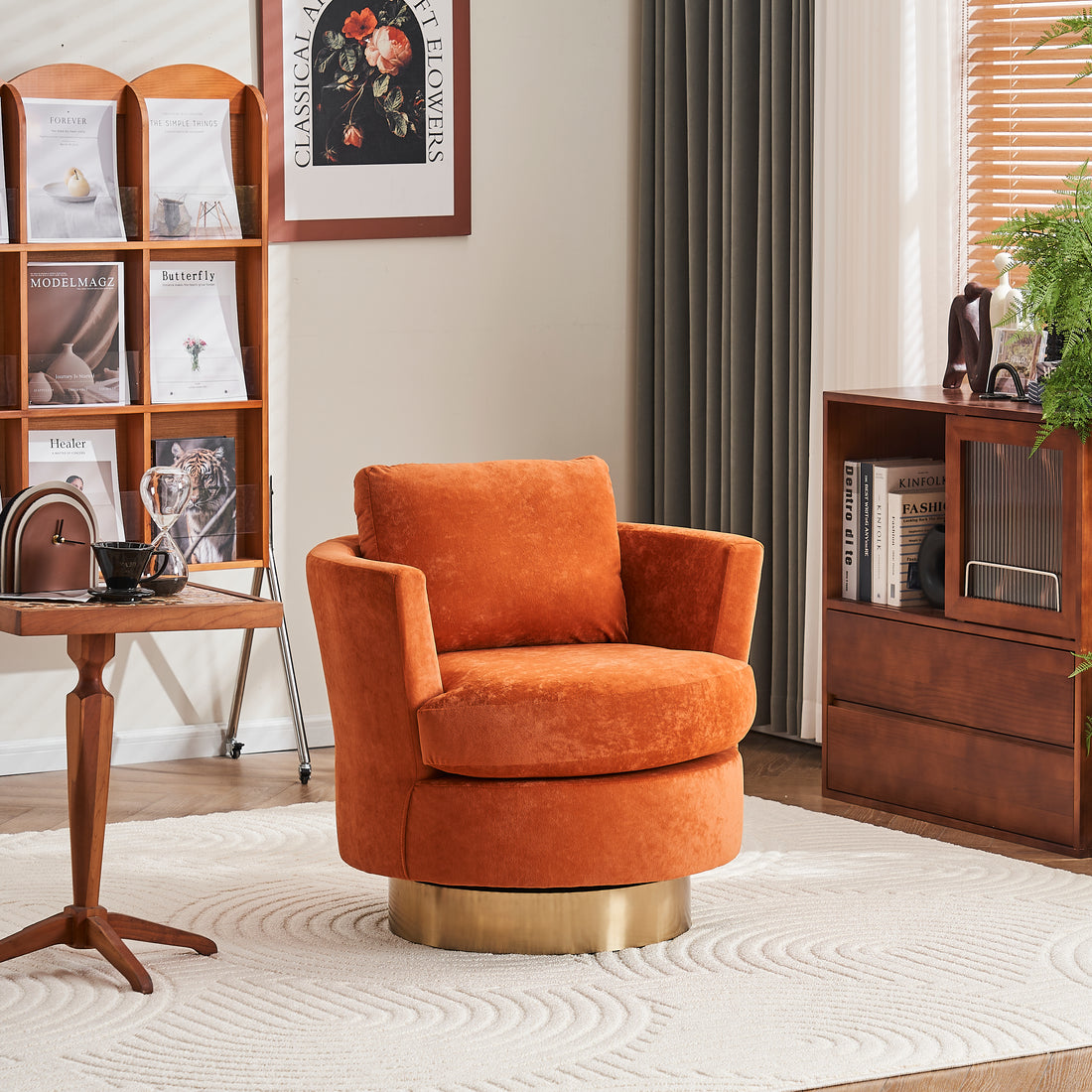 Velvet Swivel Barrel Chair, Swivel Accent Chairs Armchair For Living Room, Reading Chairs For Bedroom Comfy, Round Barrel Chairs With Gold Stainless Steel Base Orange Orange Primary Living Space