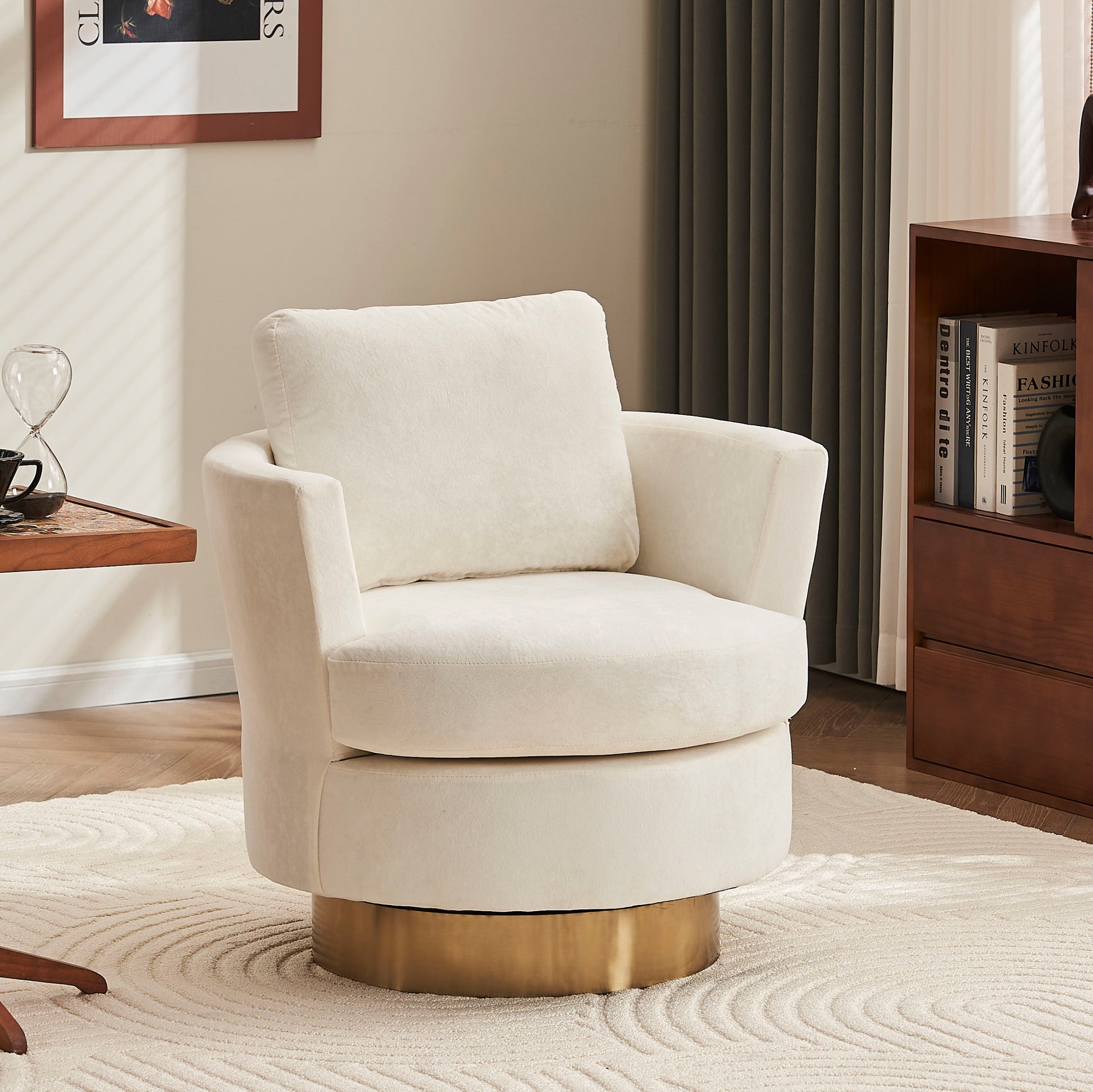Velvet Swivel Barrel Chair, Swivel Accent Chairs Armchair For Living Room, Reading Chairs For Bedroom Comfy, Round Barrel Chairs With Gold Stainless Steel Base Beige Beige Primary Living Space Modern Velvet