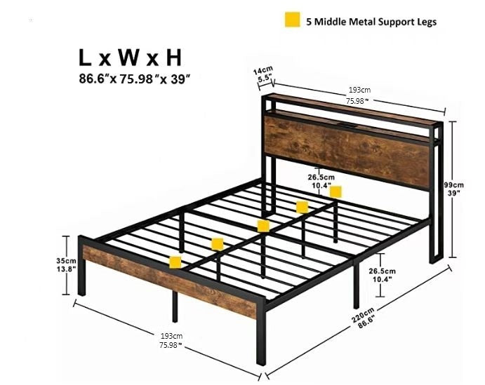 King Size Metal Platform Bed Frame With Wooden Headboard And Footboard With Usb Liner, No Box Spring Needed, Large Under Bed Storage, Easy Assemble King Black Brown Metal