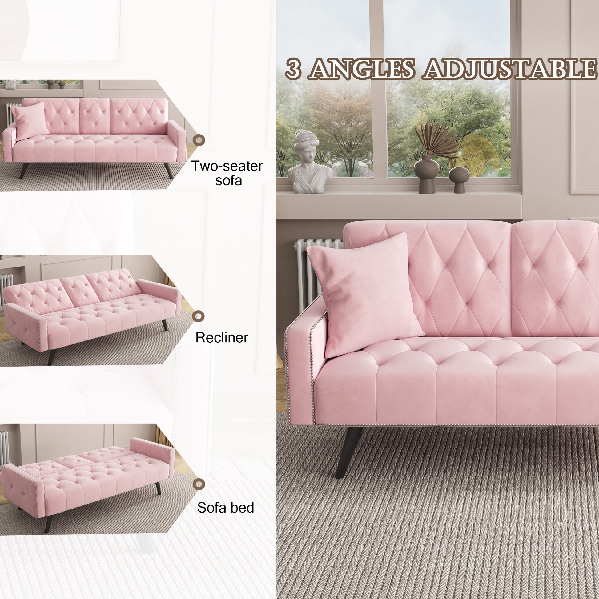 1730 Sofa Bed Armrest With Nail Head Trim With Two Cup Holders 72" Pink Velvet Sofa For Small Spaces Pink Altay Velvet
