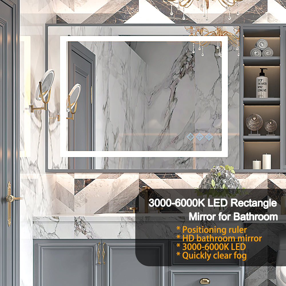 48X36Inch Led Bathroom Mirror,3000 6000K Gradient Front And Backlit Led Mirror For Bathroom,3Colors Dimmable,Ip54 Enhanced Anti Fog,Hanging Plates Wall Mount Lighted Mirror Only Mirrors, Not Cabinets Silver Classic,Modern Aluminium Alloy