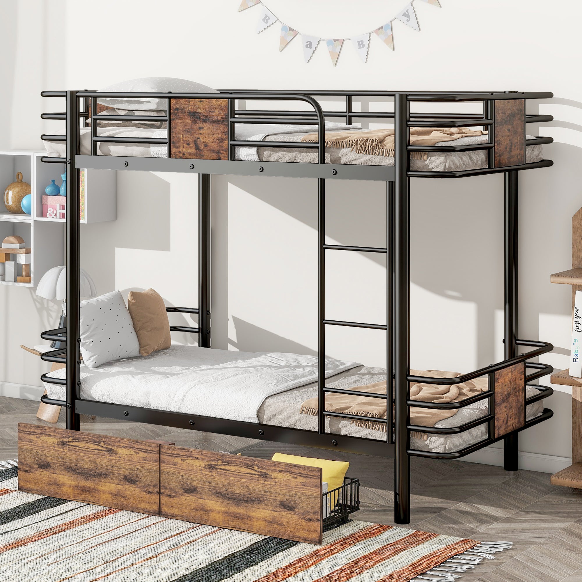 Twin Xl Over Twin Xl Metal Bunk Bed With Mdf Board Guardrail And Two Storage Drawers,Black Twin Xl Black Metal