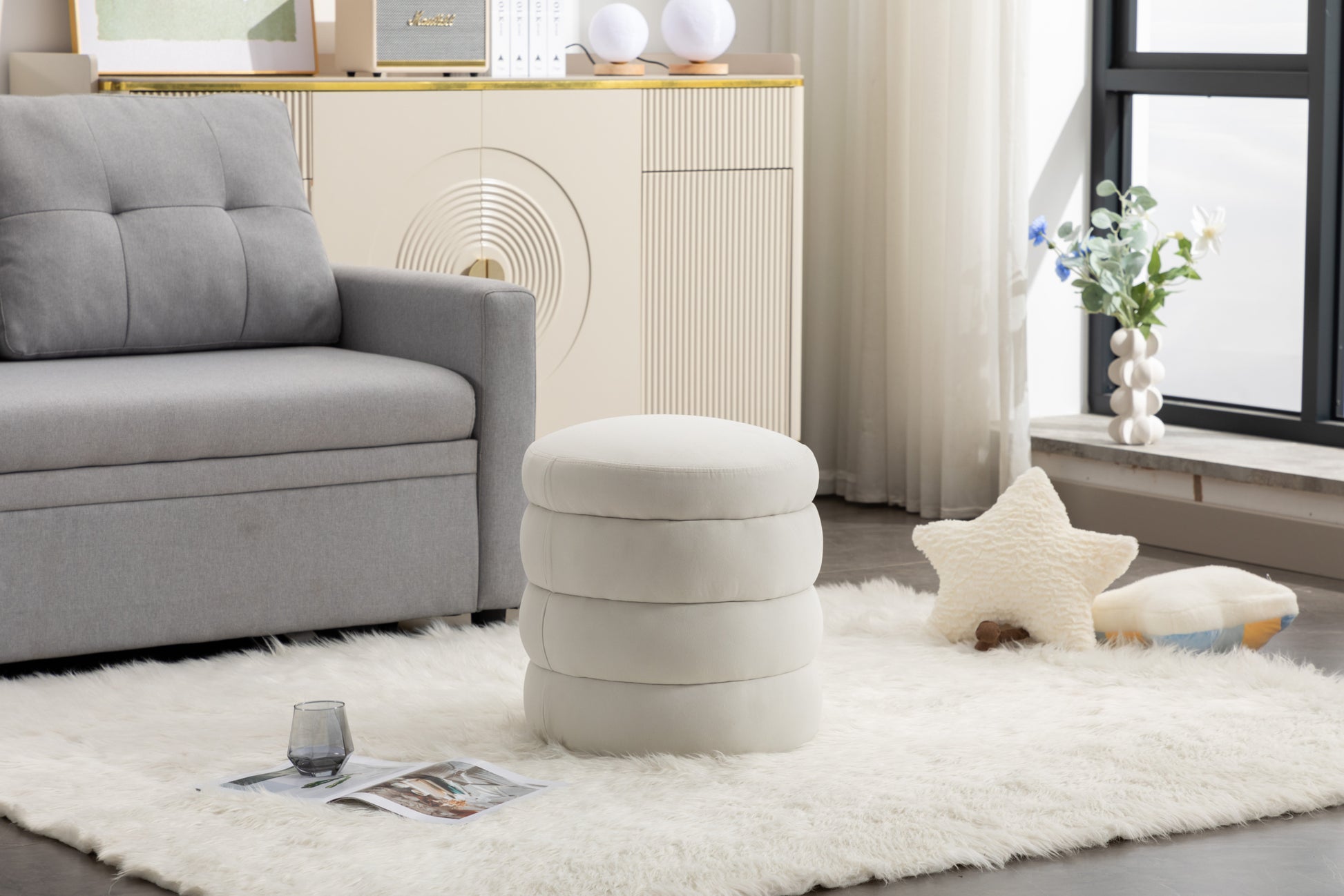 006 Soft Velvet Round Ottoman Footrest Stool,Ivory Ivory Modern Footstool Foam Velvet