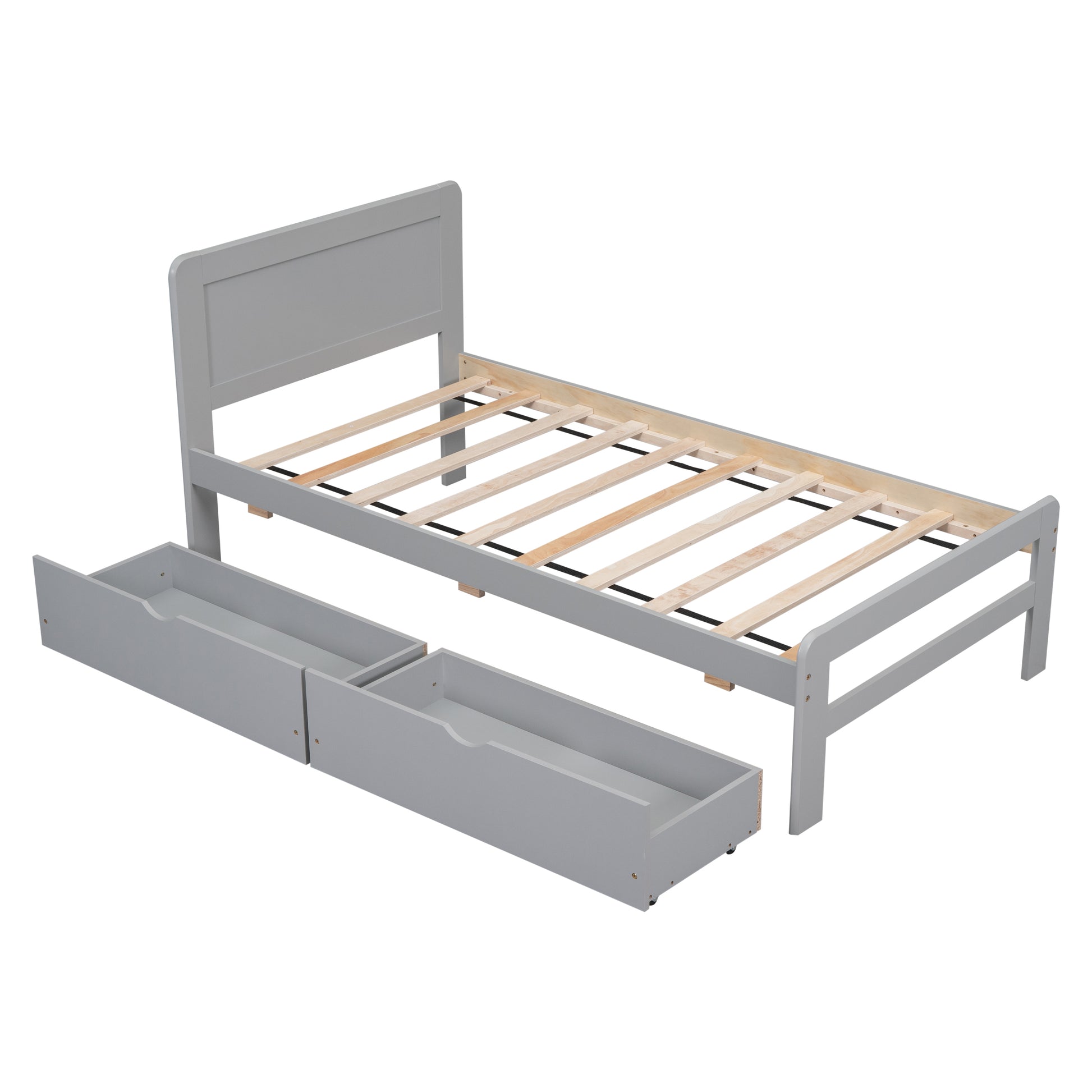 Modern Design Twin Size Platform Bed Frame With 2 Drawers For Grey Color Twin Grey Rubber Wood