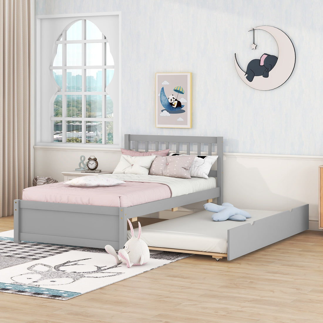 Modern Design Wooden Twin Size Platform Bed Frame With Trundle For Grey Color Grey Rubber Wood