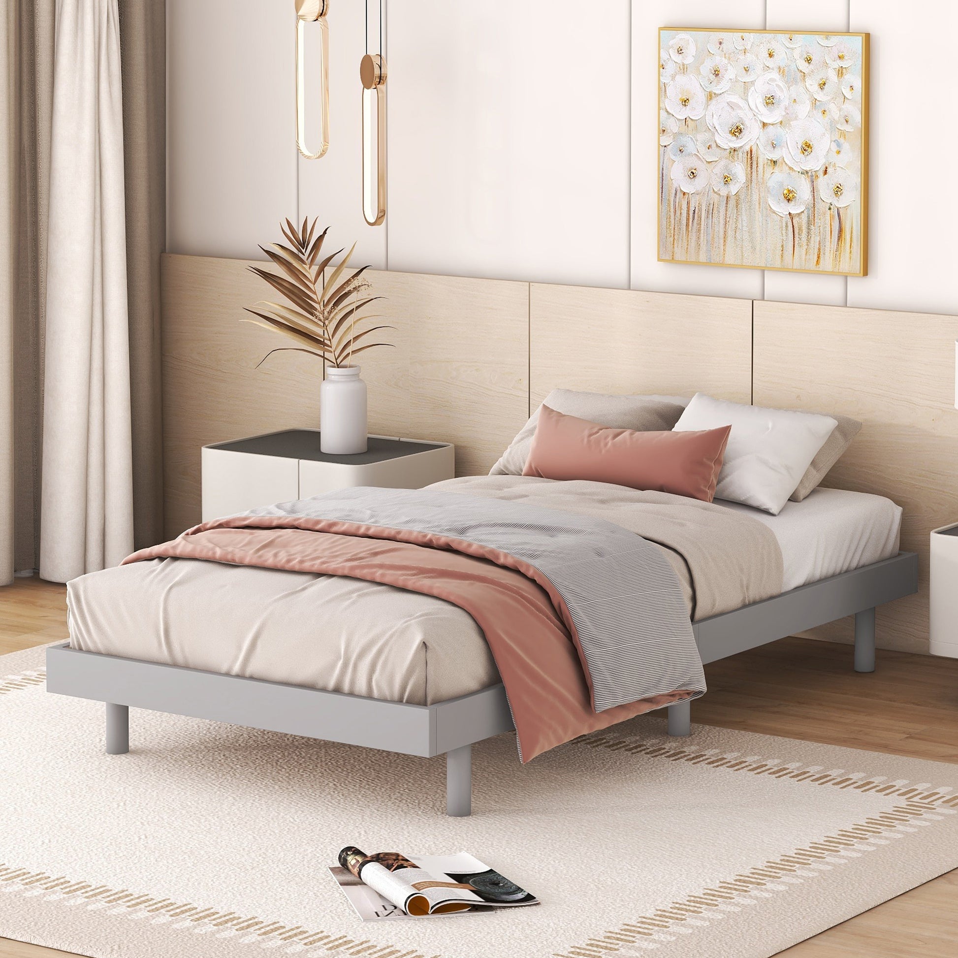 Modern Design Twin Size Floating Platform Bed Frame For Grey Color Grey Particle Board