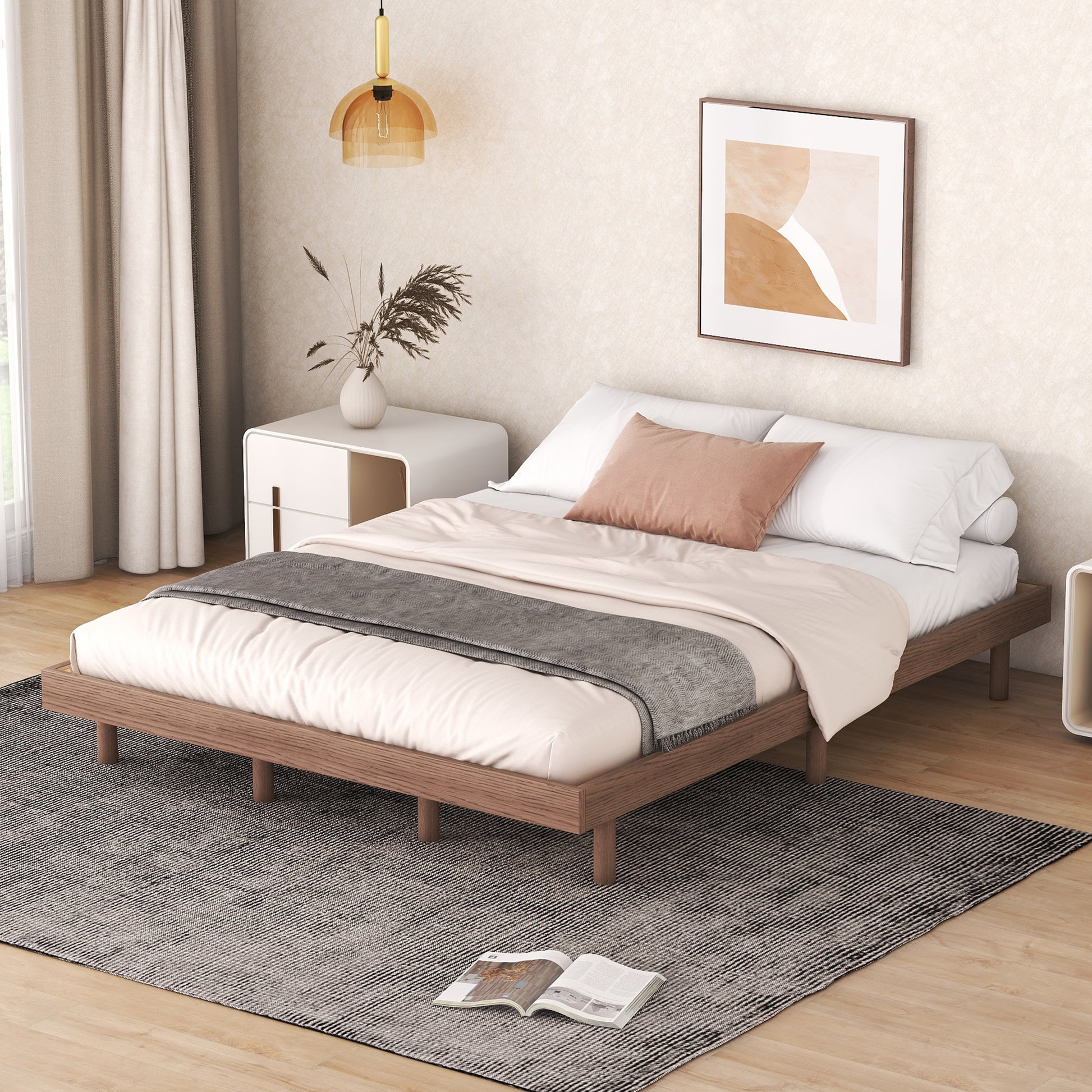 Modern Design Queen Floating Platform Bed Frame For Walnut Color Walnut Particle Board