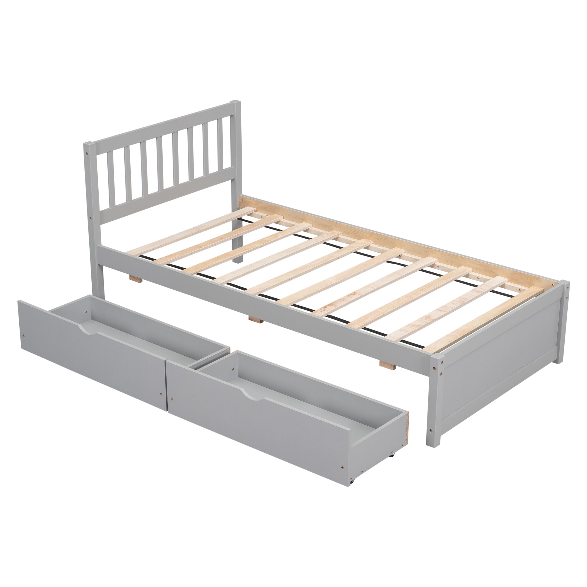 Modern Design Wooden Twin Size Platform Bed With 2 Drawers For Grey Color Grey Rubber Wood