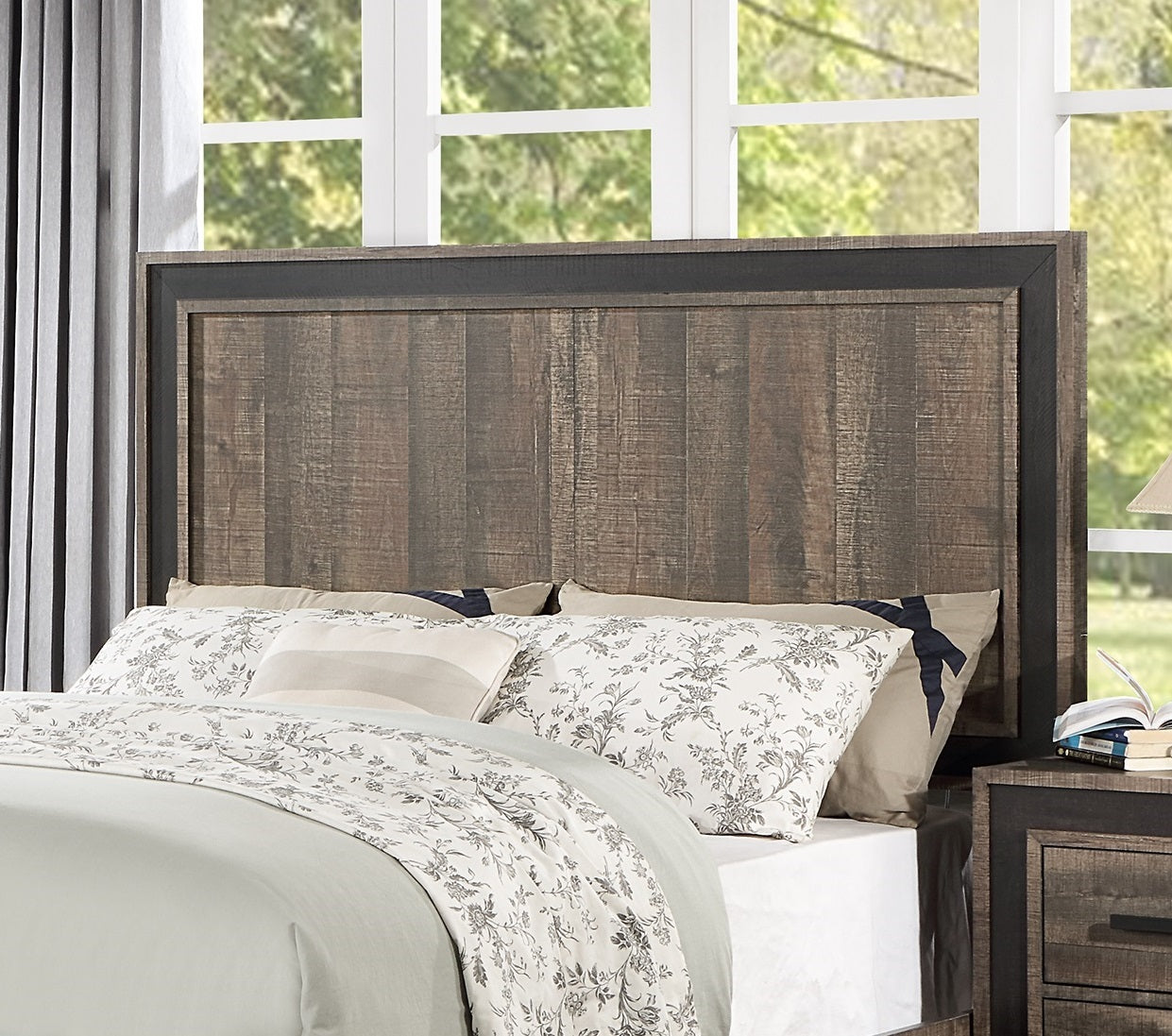 Oak Finish 1Pc Queen Size Bed High Headboard Mdf Particle Board Bedroom Furniture Bedframe Unique Panel Design Box Spring Required Queen Oak Wood Bedroom Contemporary,Modern Panel Particle Board