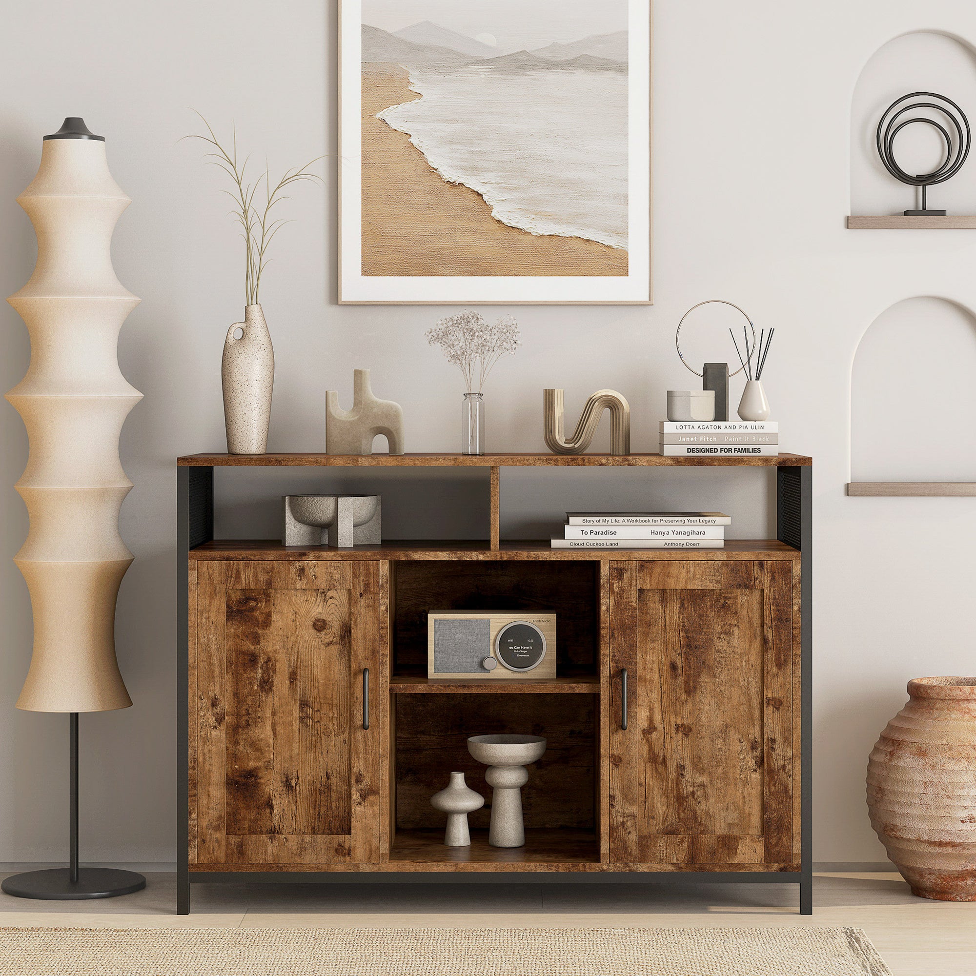 Sideboard, Storage Cabinet With Open Shelves For Kitchen Dining Room Living Room, Industrial Style, Rustic Brown, 43.7X15.74X31.5Inches Rustic Brown Mdf