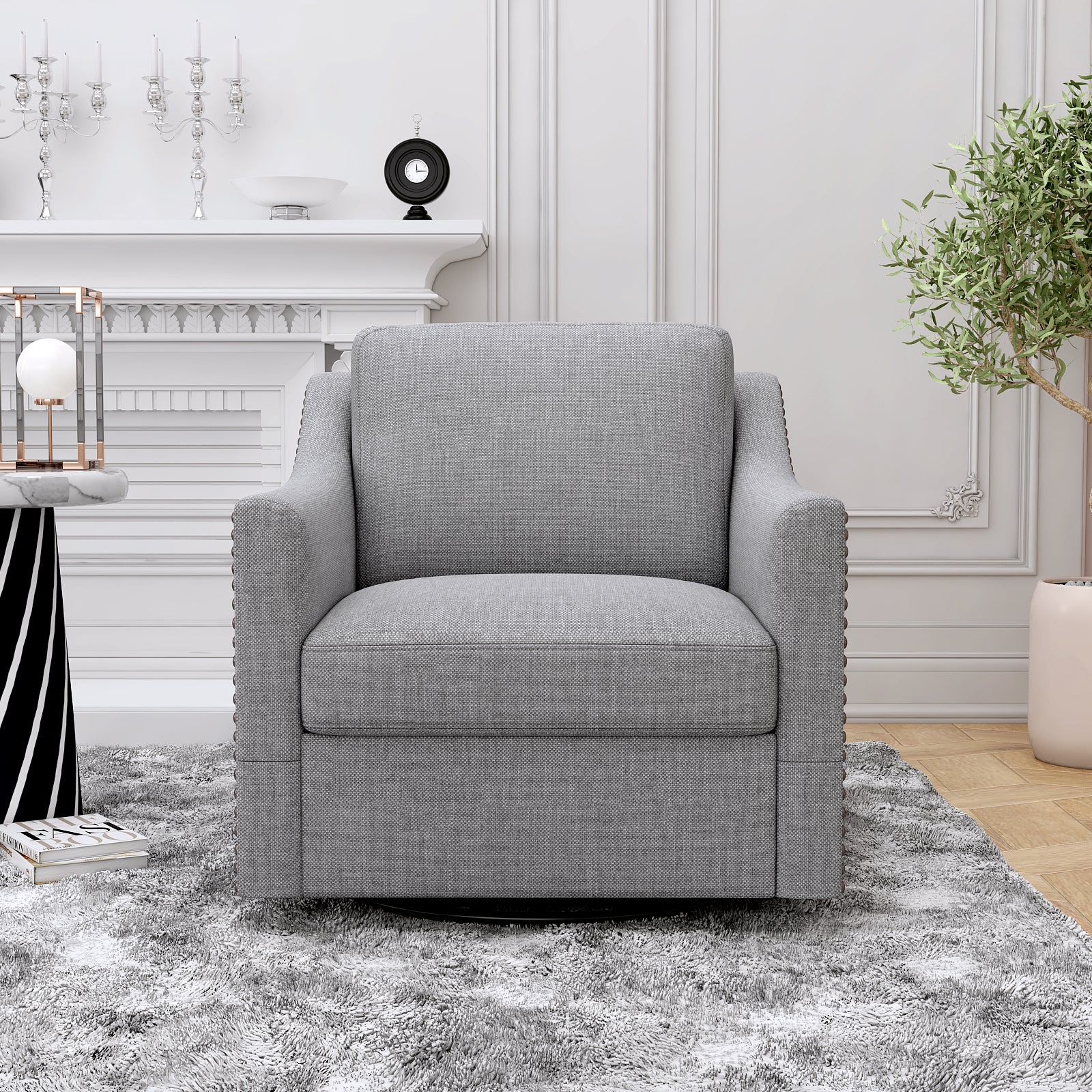 360 Degree Swivel Armchair Cotton Linen Skin Friendly Fabric Ergonomic Design Brass Nail Decorative Armchair Living Room Chairs Bedroom Chairs Living Room Chairs Black Legs Suitable For Indoor Homes