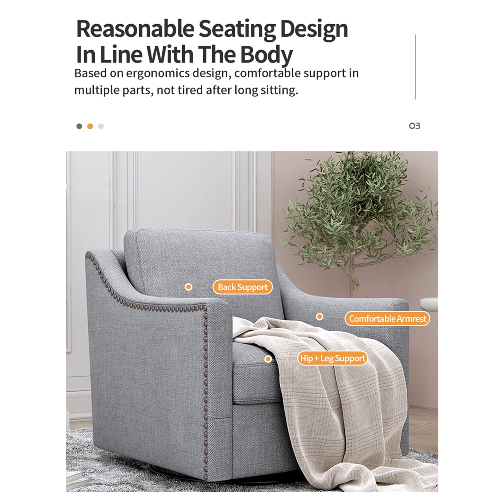 360 Degree Swivel Armchair Cotton Linen Skin Friendly Fabric Ergonomic Design Brass Nail Decorative Armchair Living Room Chairs Bedroom Chairs Living Room Chairs Black Legs Suitable For Indoor Homes