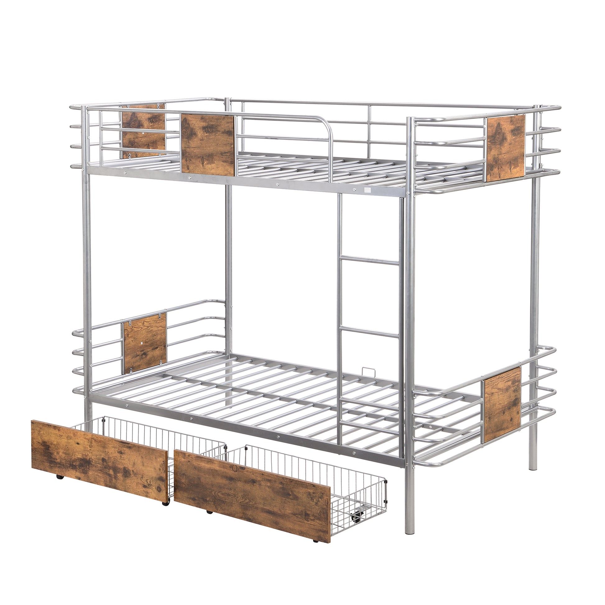 Twin Xl Over Twin Xl Metal Bunk Bed With Mdf Board Guardrail And Two Storage Drawers,Silver Twin Xl Silver Metal