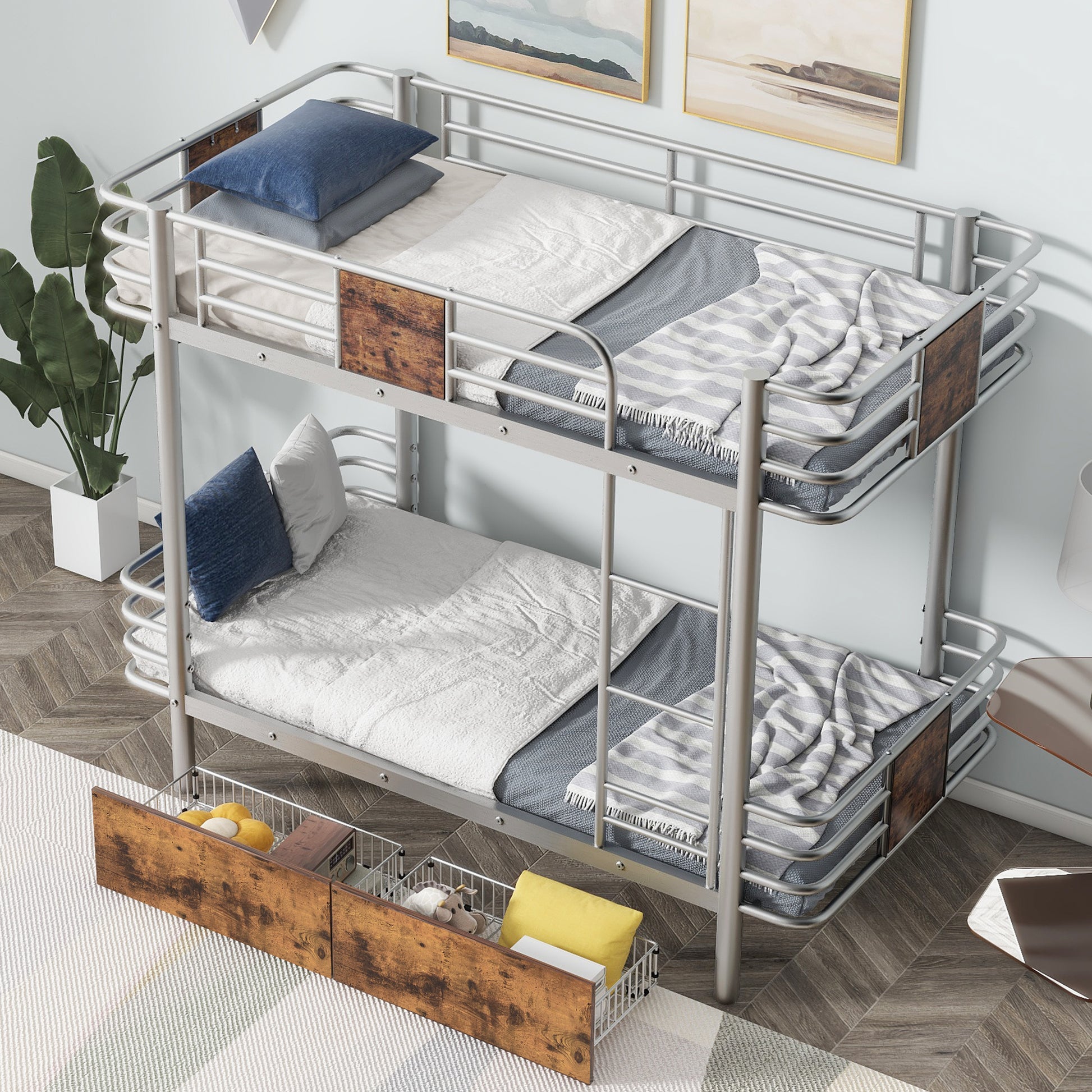 Twin Xl Over Twin Xl Metal Bunk Bed With Mdf Board Guardrail And Two Storage Drawers,Silver Twin Xl Silver Metal