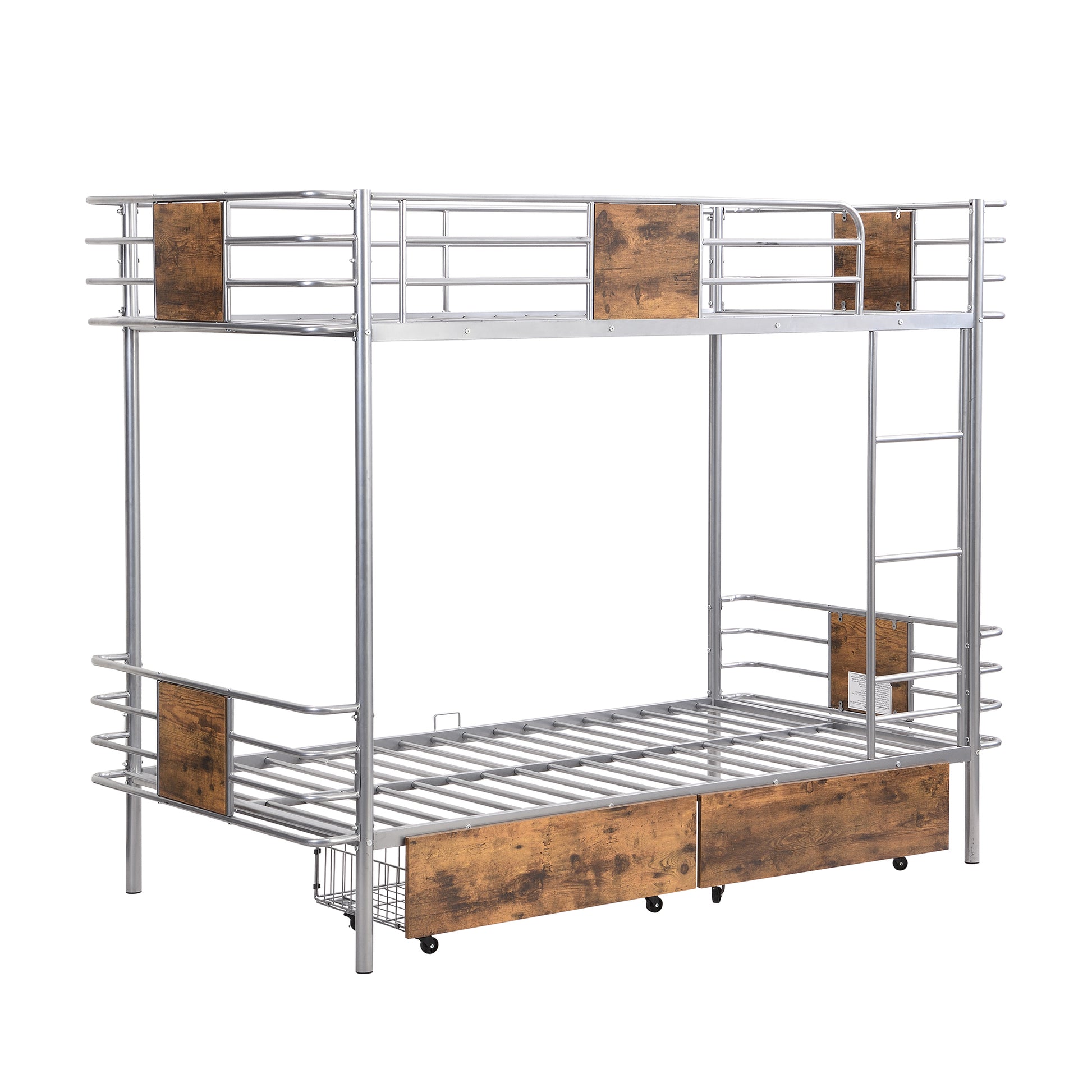 Twin Xl Over Twin Xl Metal Bunk Bed With Mdf Board Guardrail And Two Storage Drawers,Silver Twin Xl Silver Metal