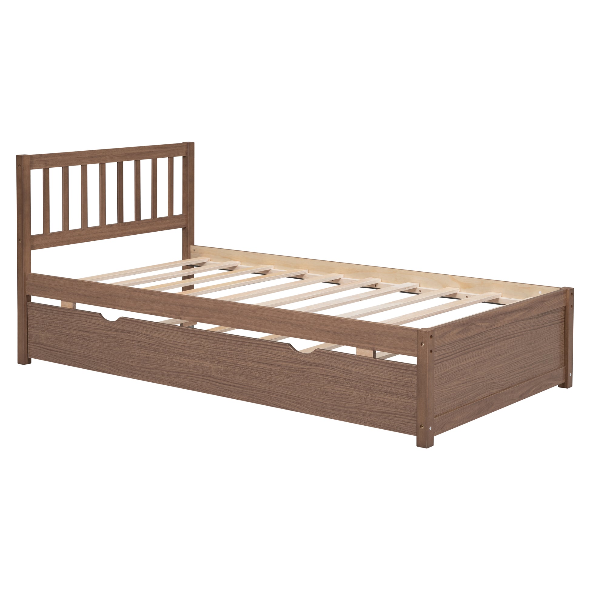 Modern Design Wooden Twin Size Platform Bed Frame With Trundle For Walnut Color Walnut Rubber Wood