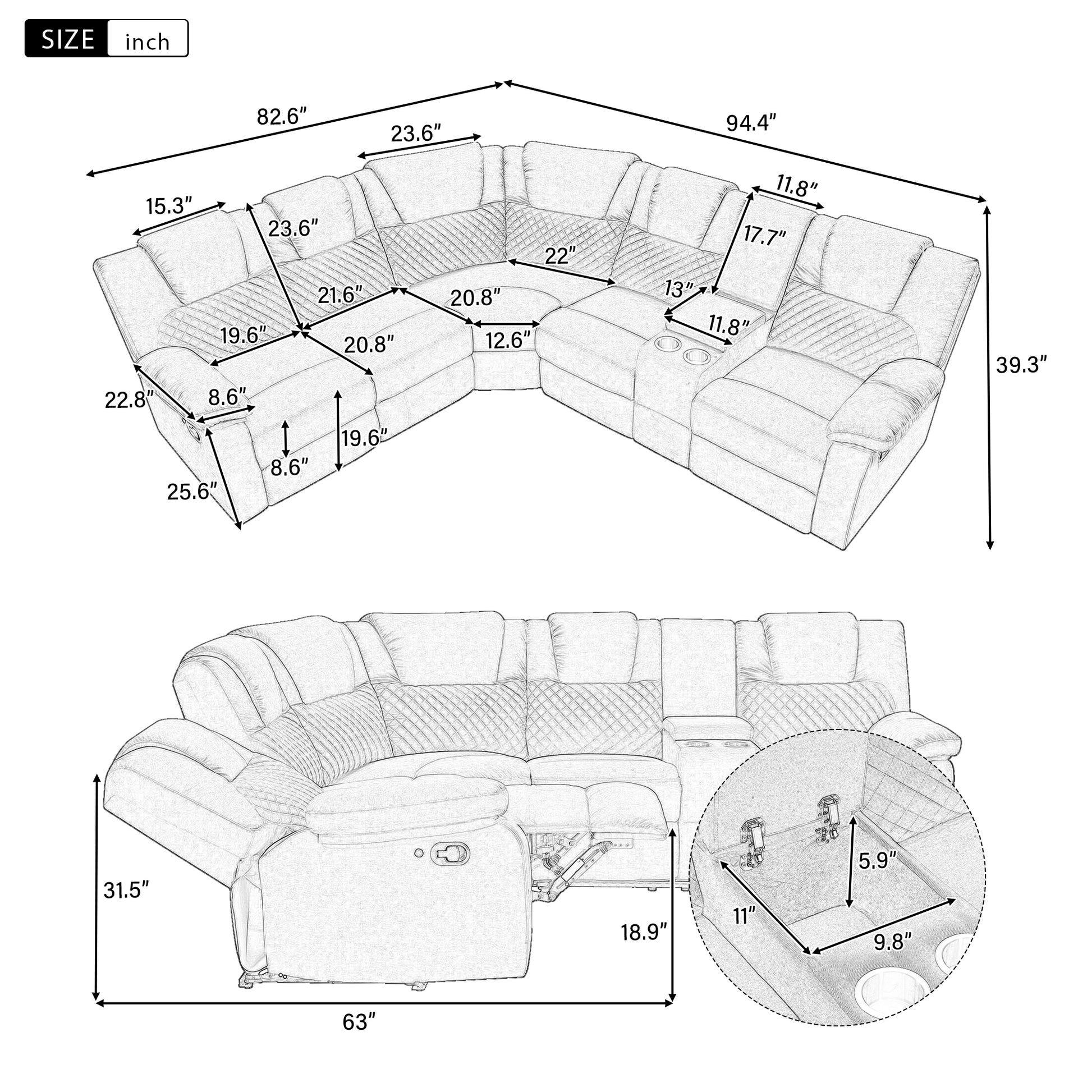 94.4" Home Theater Seating Modern Manual Recliner Sofa Chairs With Storage Box And Two Cup Holders For Living Room, Black Grey Black Grey Foam Velvet 5 Seat