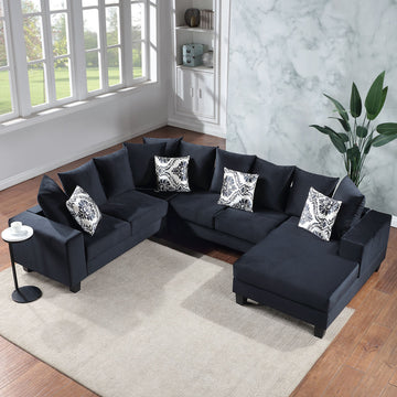 110*85" Modern U Shape Sectional Sofa, Velvet Corner Couch With Lots Of Pillows Included,Elegant And Functional Indoor Furniture For Living Room, Apartment, Office,2 Colors Black Velvet