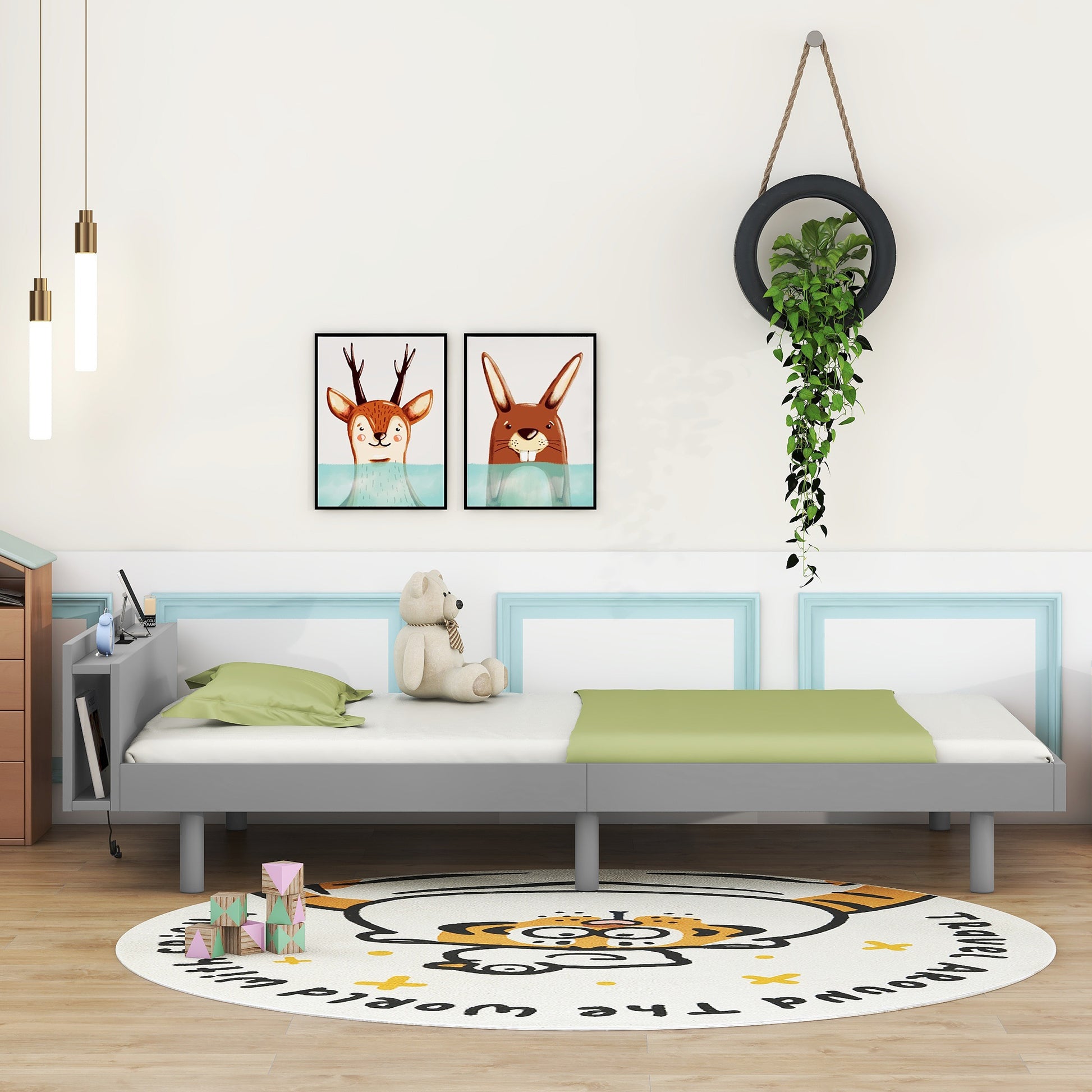 Modern Design Twin Size Platform Bed Frame With Built In Usb Port For Grey Color Grey Particle Board