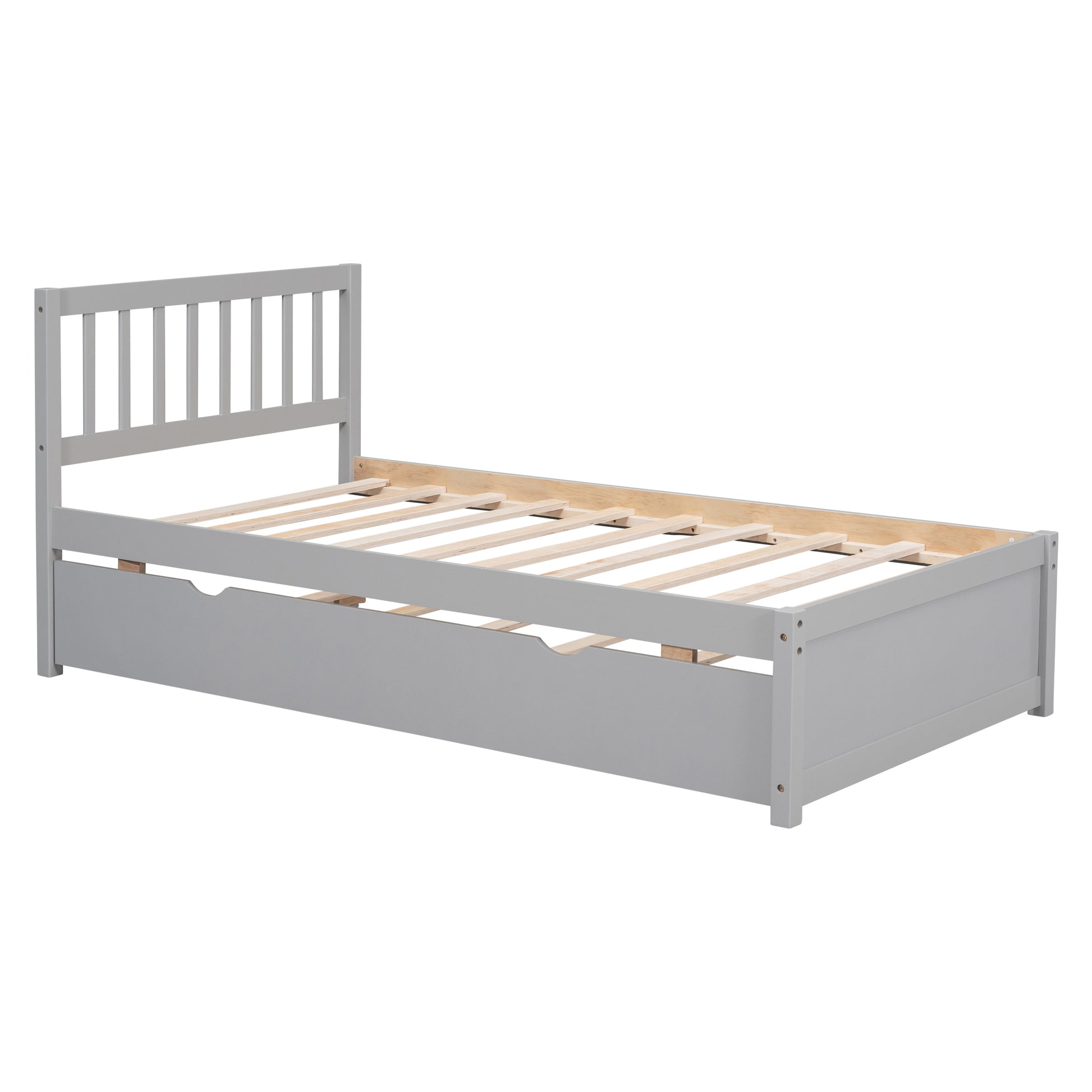 Modern Design Wooden Twin Size Platform Bed Frame With Trundle For Grey Color Grey Rubber Wood