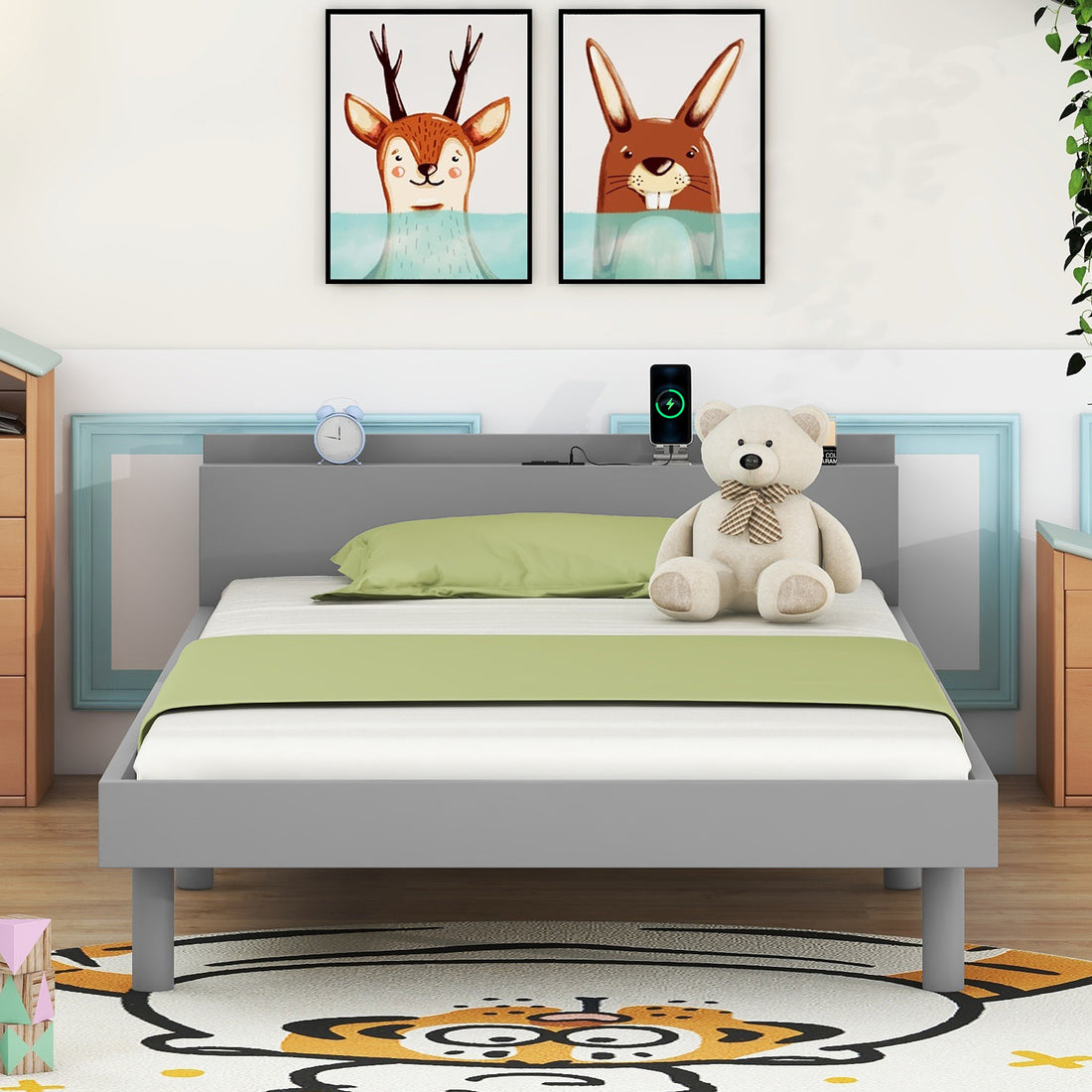 Modern Design Twin Size Platform Bed Frame With Built In Usb Port For Grey Color Grey Particle Board