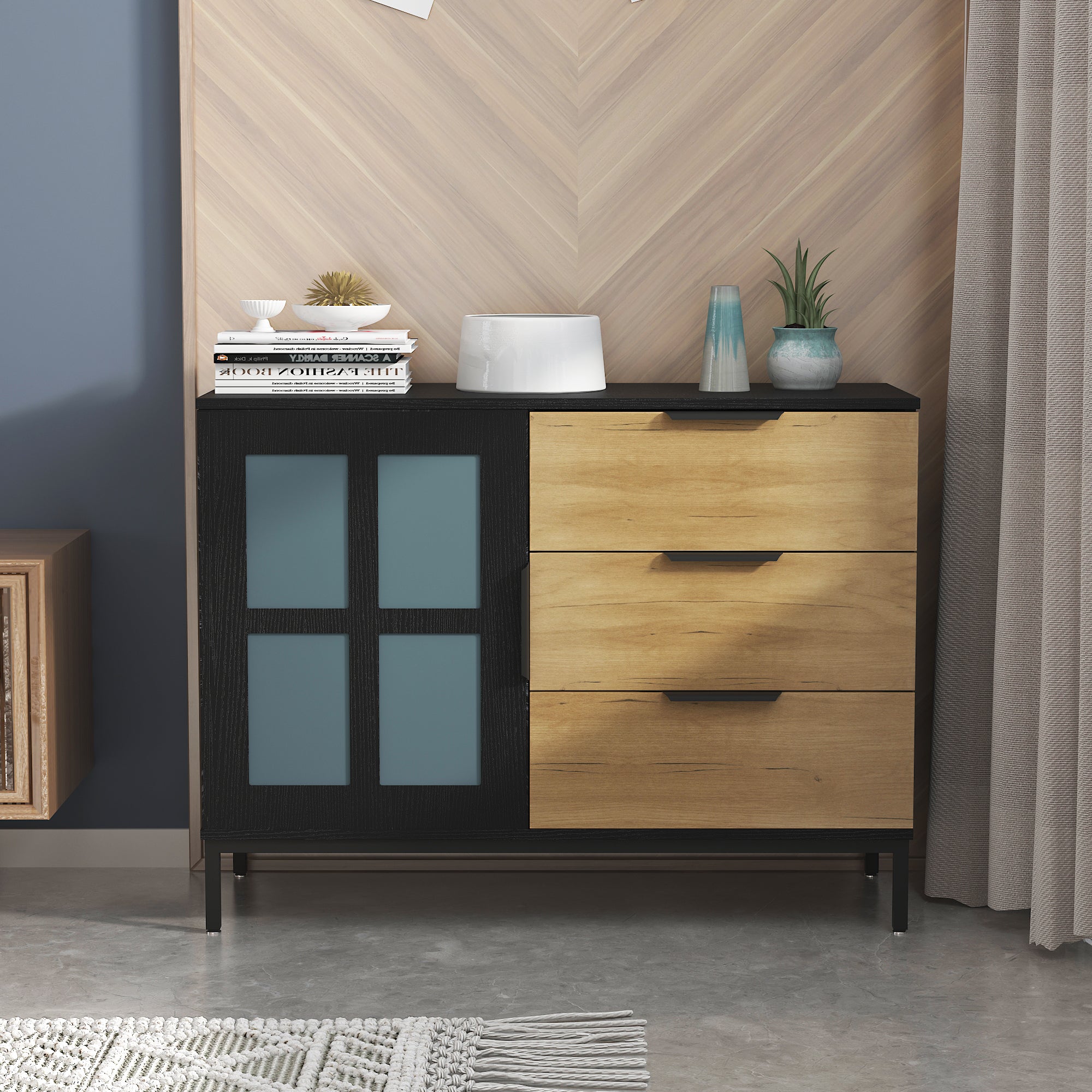 Dresser Cabinet Bar Cabinet Storge Cabinet Glass Door Side Cabinet Lockersembedded Metal Handle Can Be Placed In The Living Room, Bedroom, Dining Room, Black Brown 3 4 Drawers Black Brown Brown Primary Living Space Glass Doors Classic Foam Particle Board