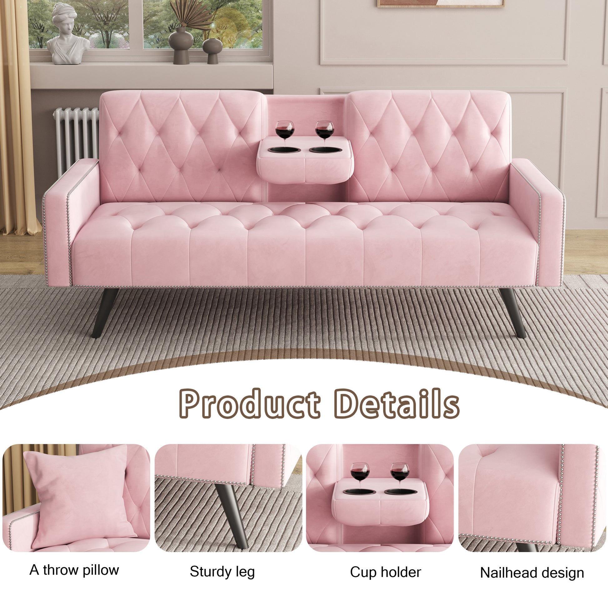 1730 Sofa Bed Armrest With Nail Head Trim With Two Cup Holders 72" Pink Velvet Sofa For Small Spaces Pink Altay Velvet