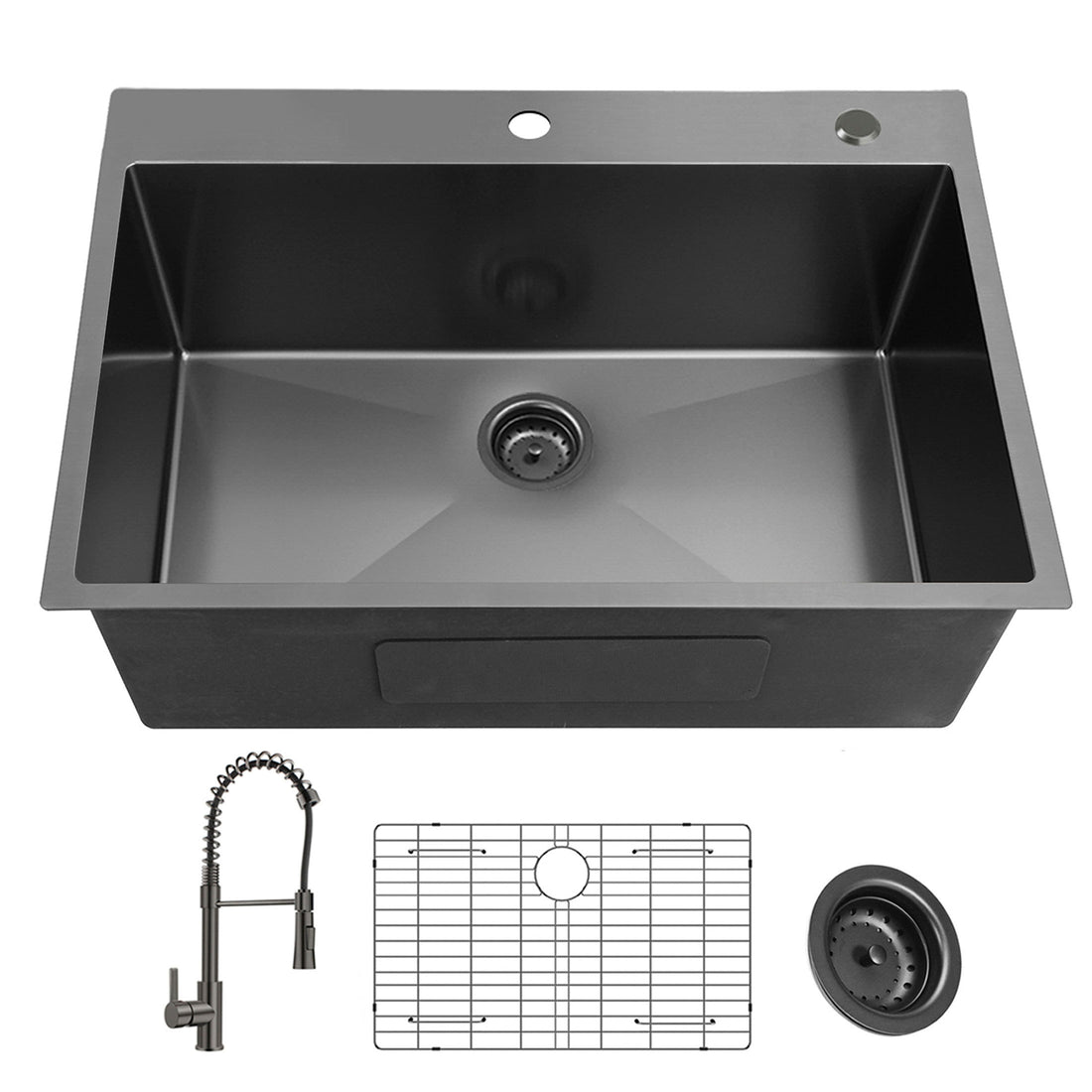 33Inch Topmount 18Gauge Stainless Steel Kitchen Sink With Black Spring Neck Faucet Gunmetal Black Stainless Steel