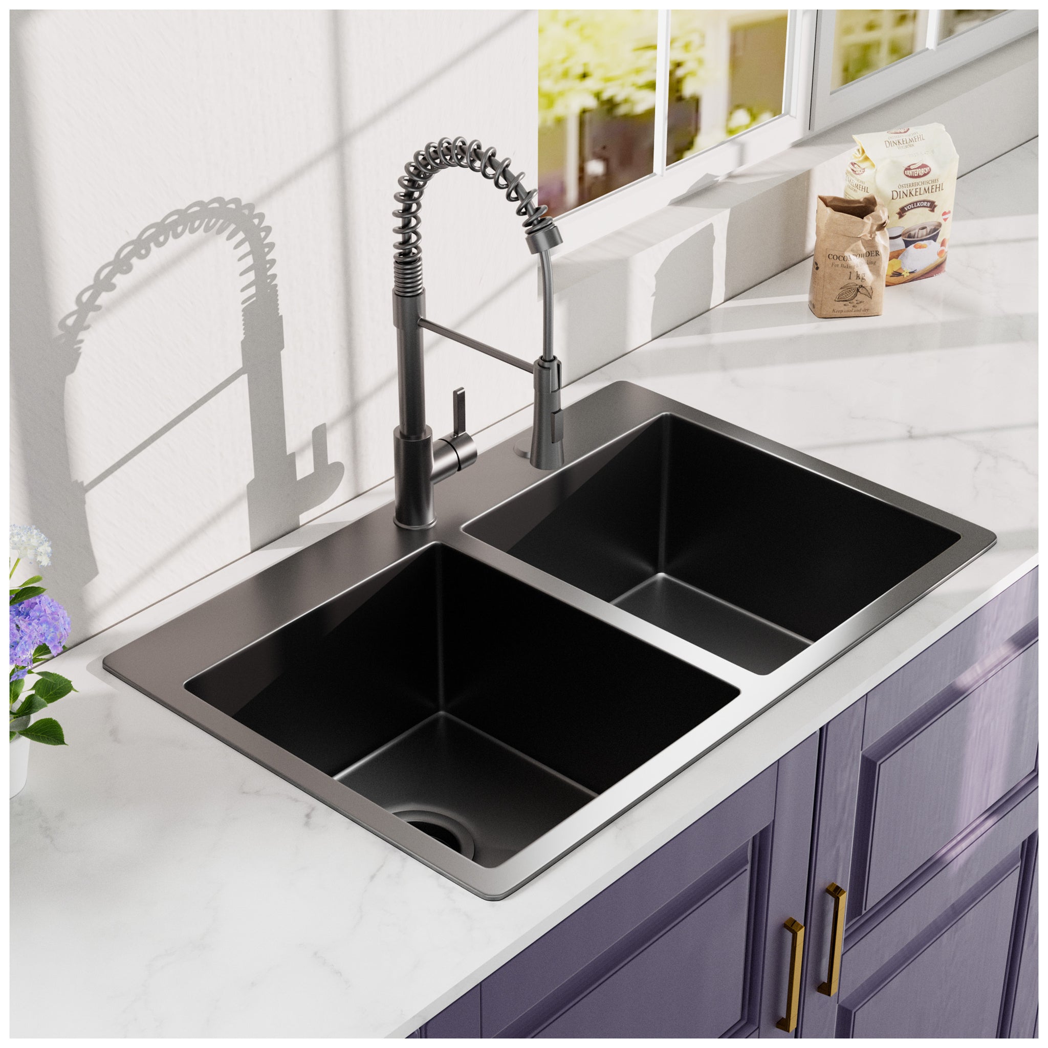 33X22Inch Double Bowl Topmount Gunmetal Black Kitchen Sink 18Gauge Stainless Steel With Black Spring Neck Faucet Gunmetal Black Stainless Steel