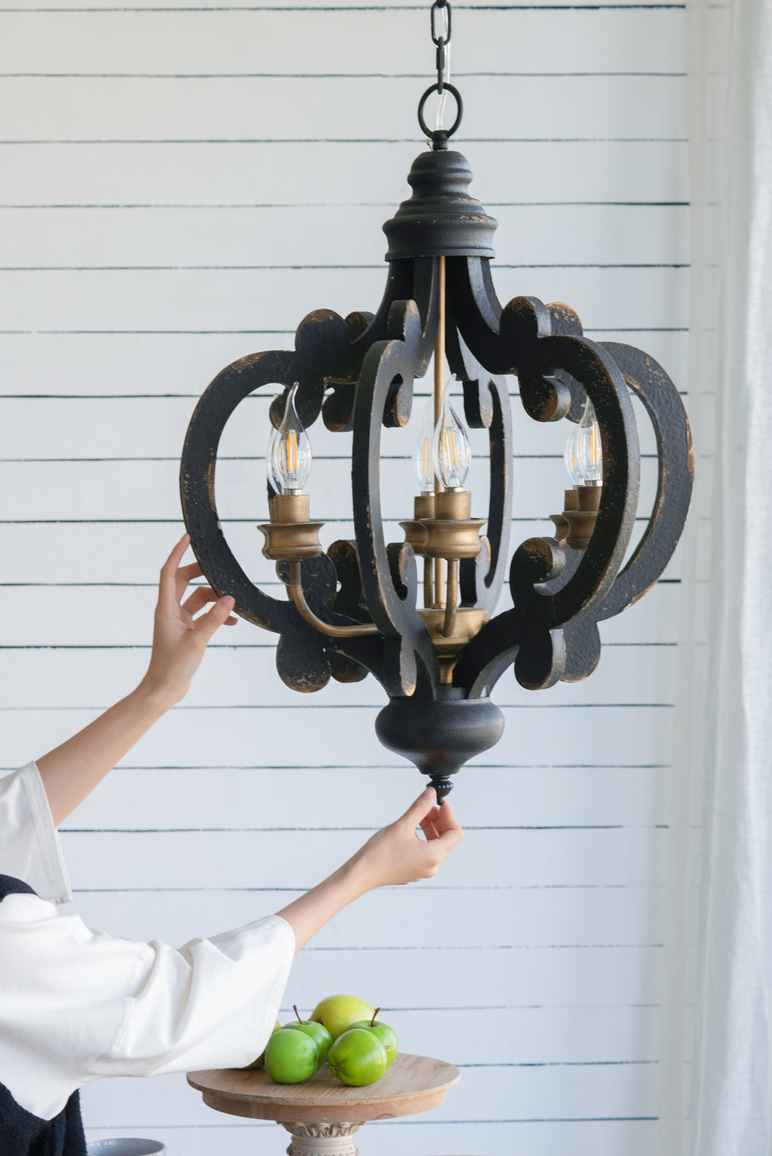 French Country Wood Chandelier, 6 Light Farmhouse Pendant Light Fixture With 28" Adjustable Chain For Kitchen Foyer Hallway, Bulb Not Included Black Mdf Metal