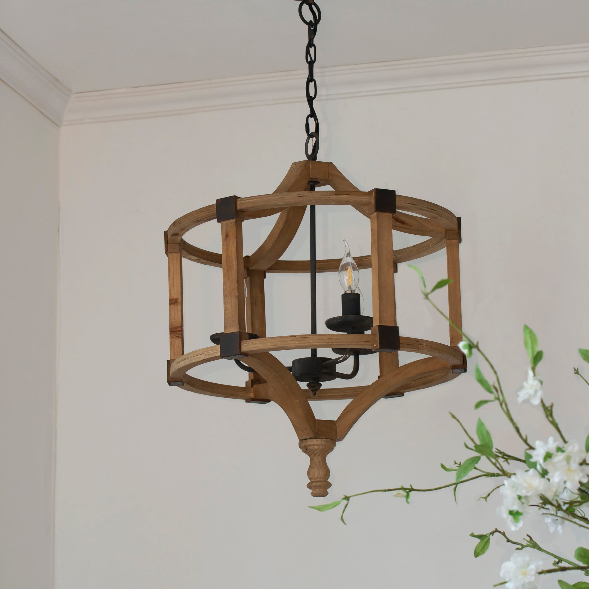 3 Light Wood Drum Chandelier, Hanging Light Fixture With Adjustable Chain For Kitchen Dining Room Foyer Entryway, Bulb Not Included Brown Wood