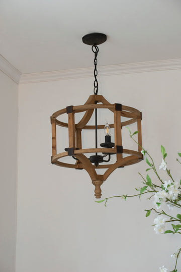 3 Light Wood Drum Chandelier, Hanging Light Fixture With Adjustable Chain For Kitchen Dining Room Foyer Entryway, Bulb Not Included Brown Wood