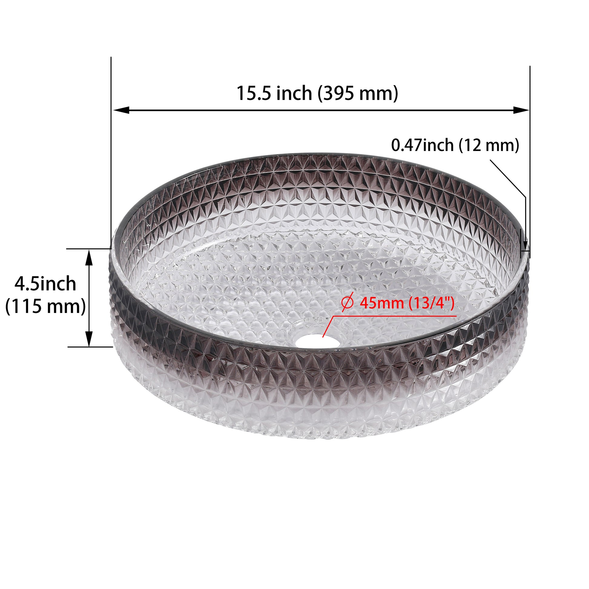 Diamond Shape Bathroom Crystal Glass Vessel Sink, Bathroom Countertop Basin Transparent Gradient Black Grey Grey White Modern Glass