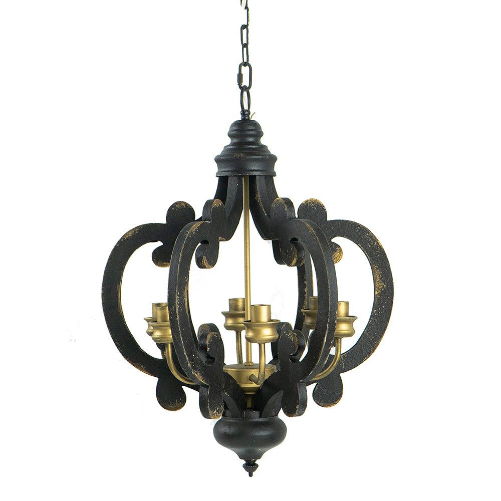 French Country Wood Chandelier, 6 Light Farmhouse Pendant Light Fixture With 28" Adjustable Chain For Kitchen Foyer Hallway, Bulb Not Included Black Mdf Metal