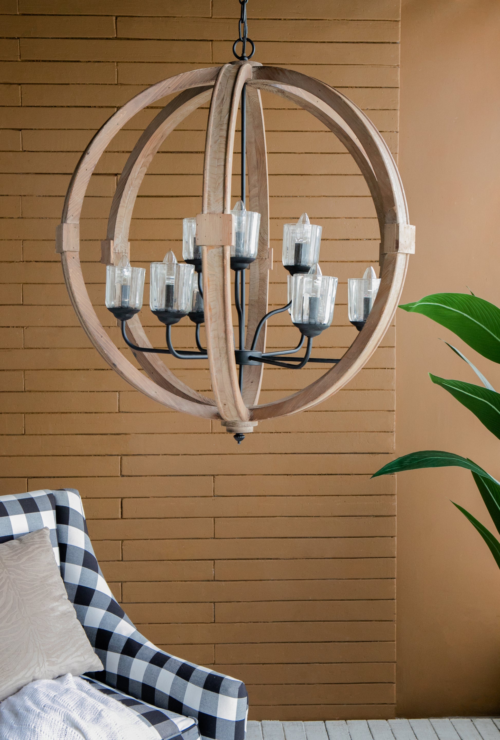 9 Light Globe Chandelier, Wood Chandelier Hanging Light Fixture With Adjustable Chain For Kitchen Dining Room Foyer Entryway, Bulb Not Included Brown Wood
