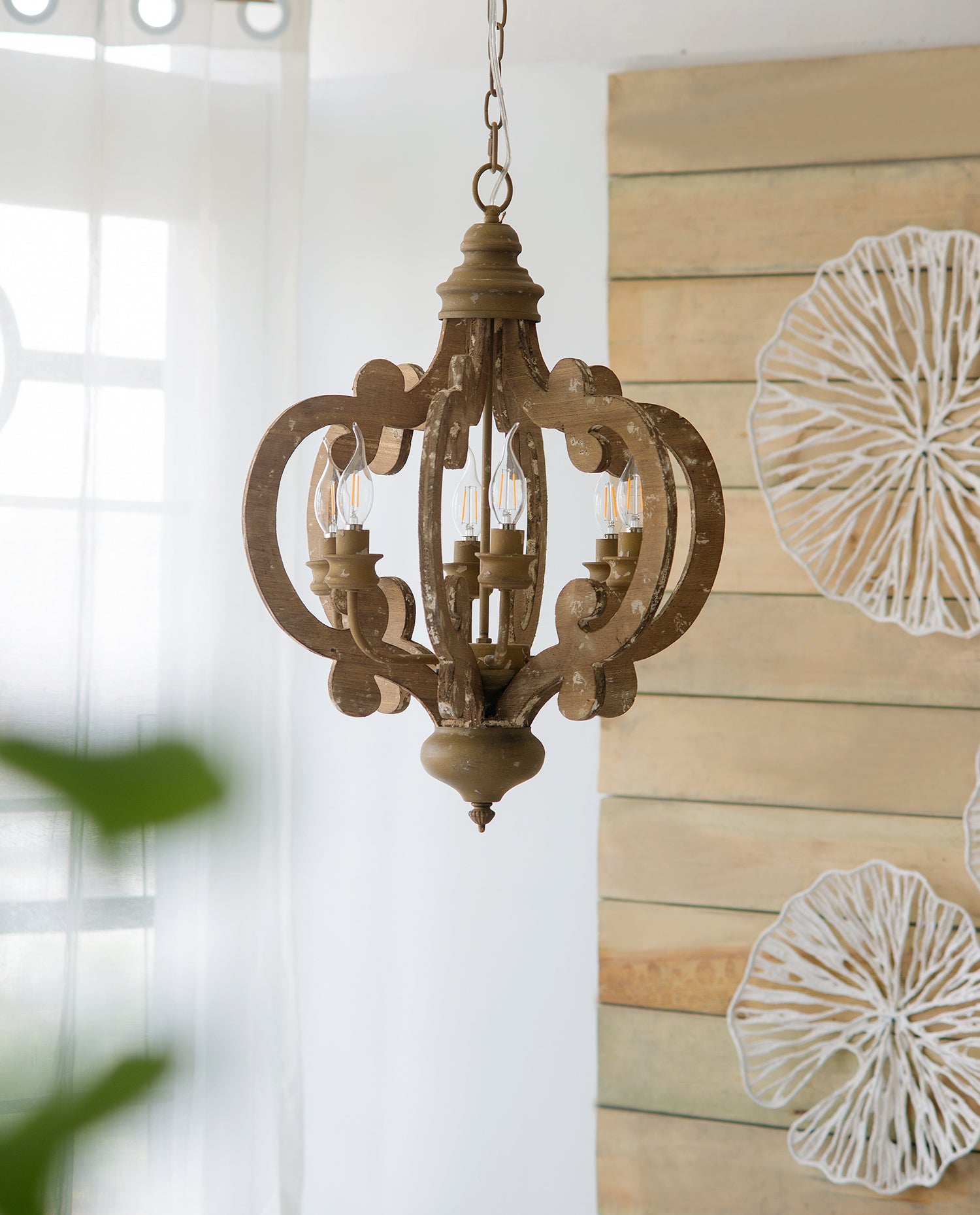 Farmhouse Chandelier, 6 Light Wood Chandelier Pendant Light Fixture With Adjustable Chain For Dining Room Living Room Entryway, Bulb Not Included Beige Brown Wood