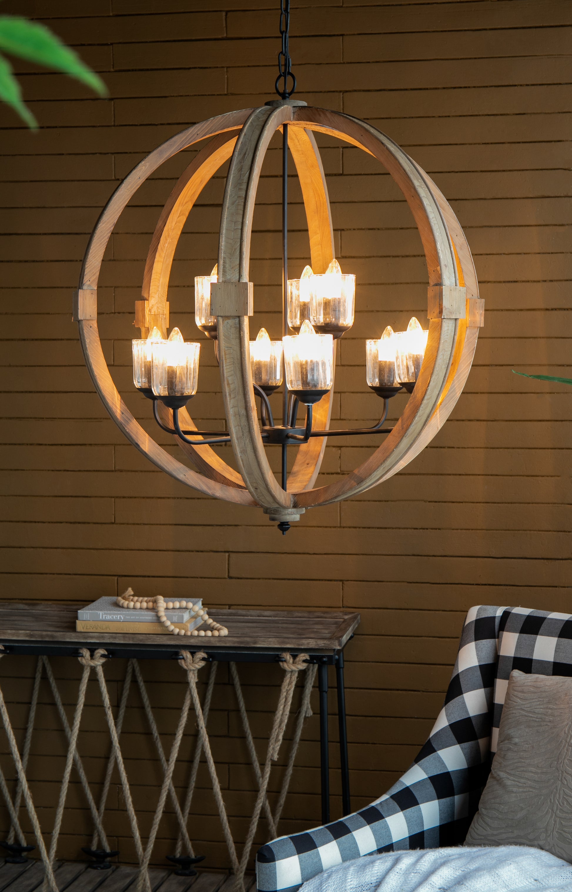 9 Light Globe Chandelier, Wood Chandelier Hanging Light Fixture With Adjustable Chain For Kitchen Dining Room Foyer Entryway, Bulb Not Included Brown Wood