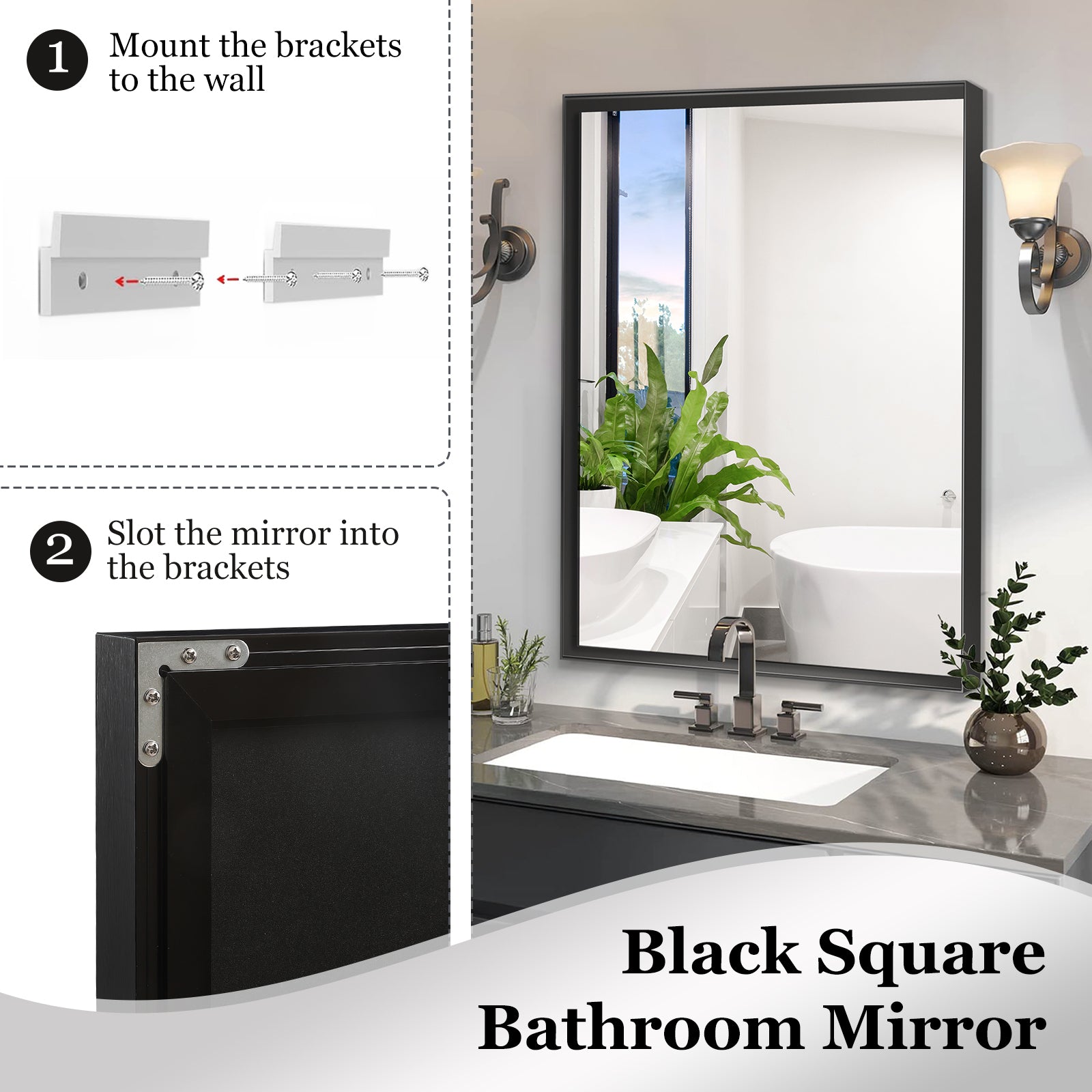 36X24Inch Black Rectangular Bathroom Mirror Square Angle Metal Frame Wall Mounted Hanging Plates Wall Mount Mirror For Bathroom Horizontal & Vertical Black Luxury Glass Aluminium Alloy