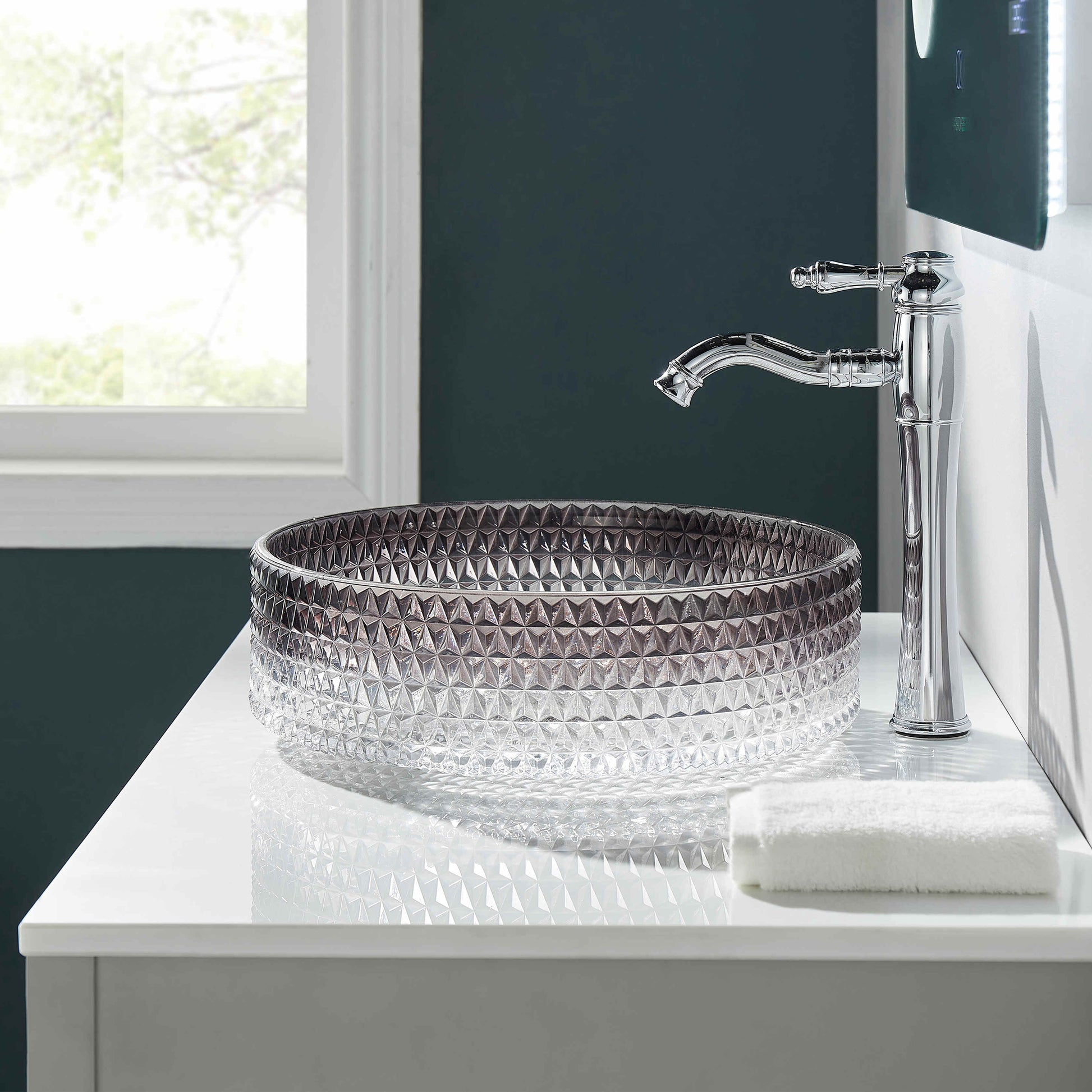 Diamond Shape Bathroom Crystal Glass Vessel Sink, Bathroom Countertop Basin Transparent Gradient Black Grey Grey White Modern Glass