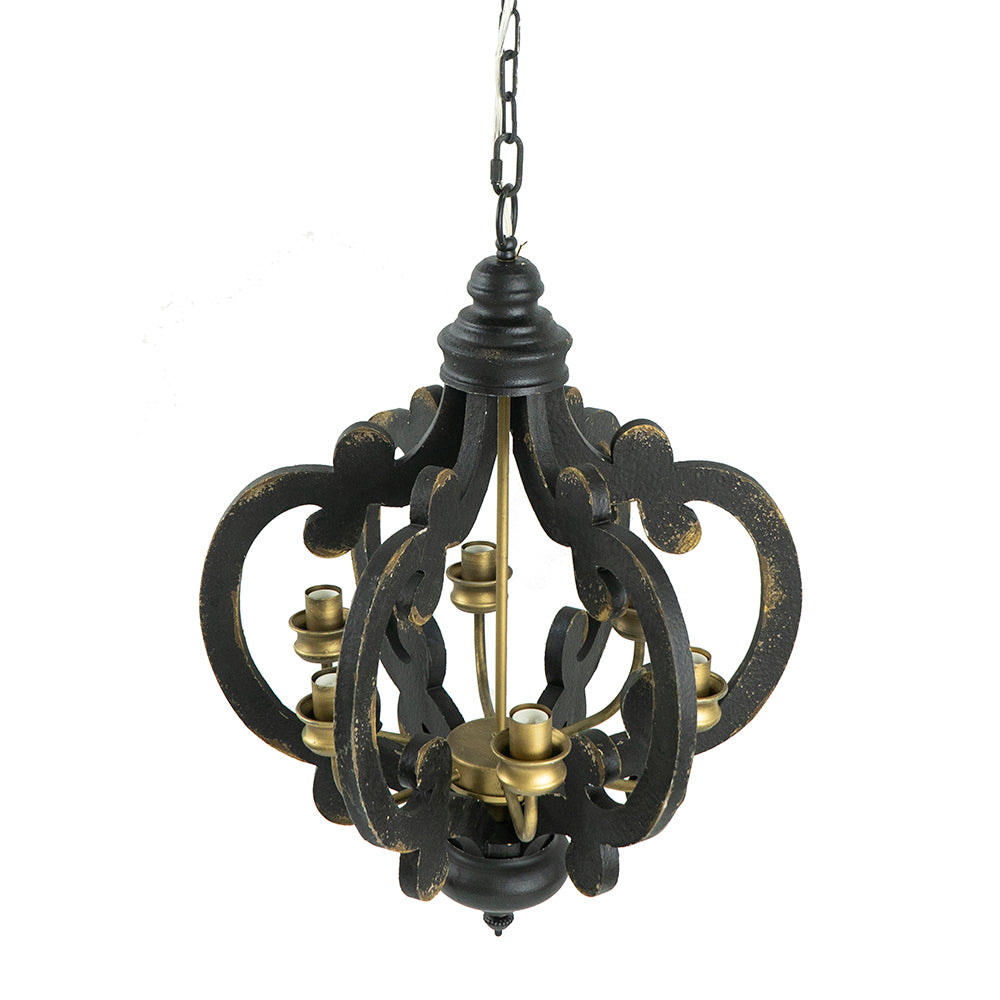 French Country Wood Chandelier, 6 Light Farmhouse Pendant Light Fixture With 28" Adjustable Chain For Kitchen Foyer Hallway, Bulb Not Included Black Mdf Metal