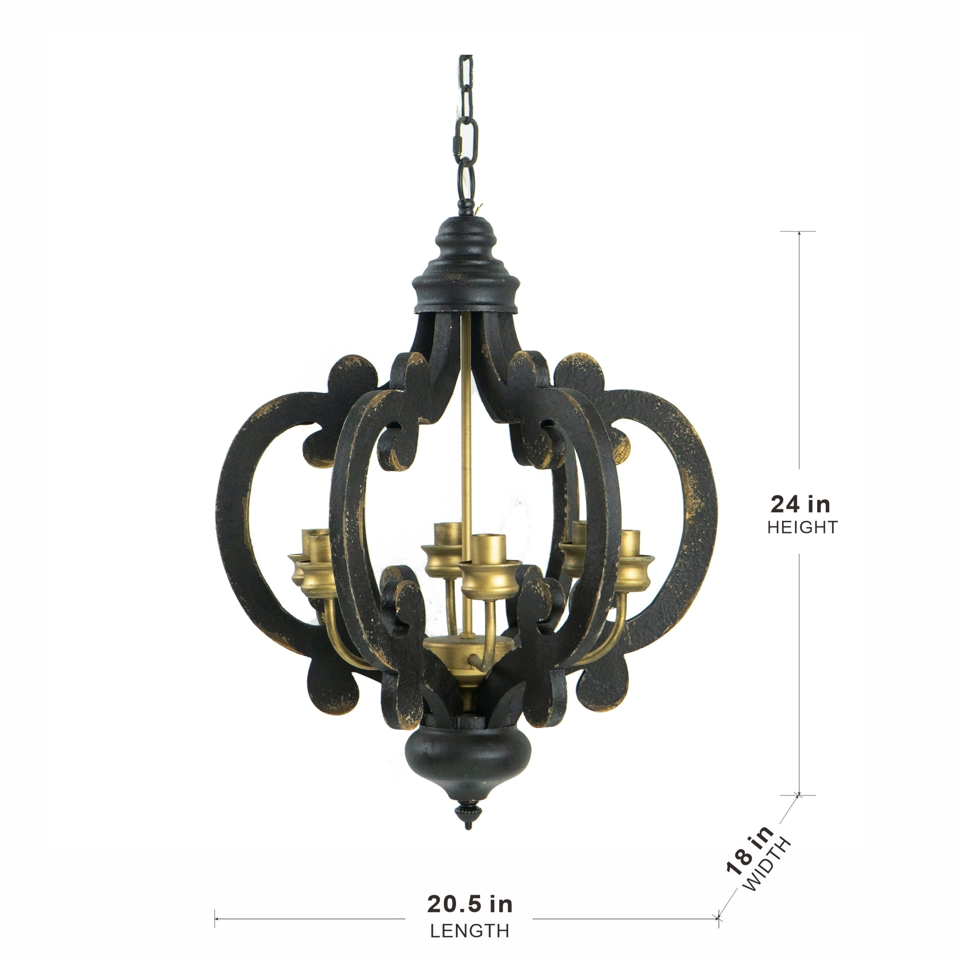 French Country Wood Chandelier, 6 Light Farmhouse Pendant Light Fixture With 28" Adjustable Chain For Kitchen Foyer Hallway, Bulb Not Included Black Mdf Metal