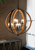 9 Light Globe Chandelier, Wood Chandelier Hanging Light Fixture With Adjustable Chain For Kitchen Dining Room Foyer Entryway, Bulb Not Included Brown Wood