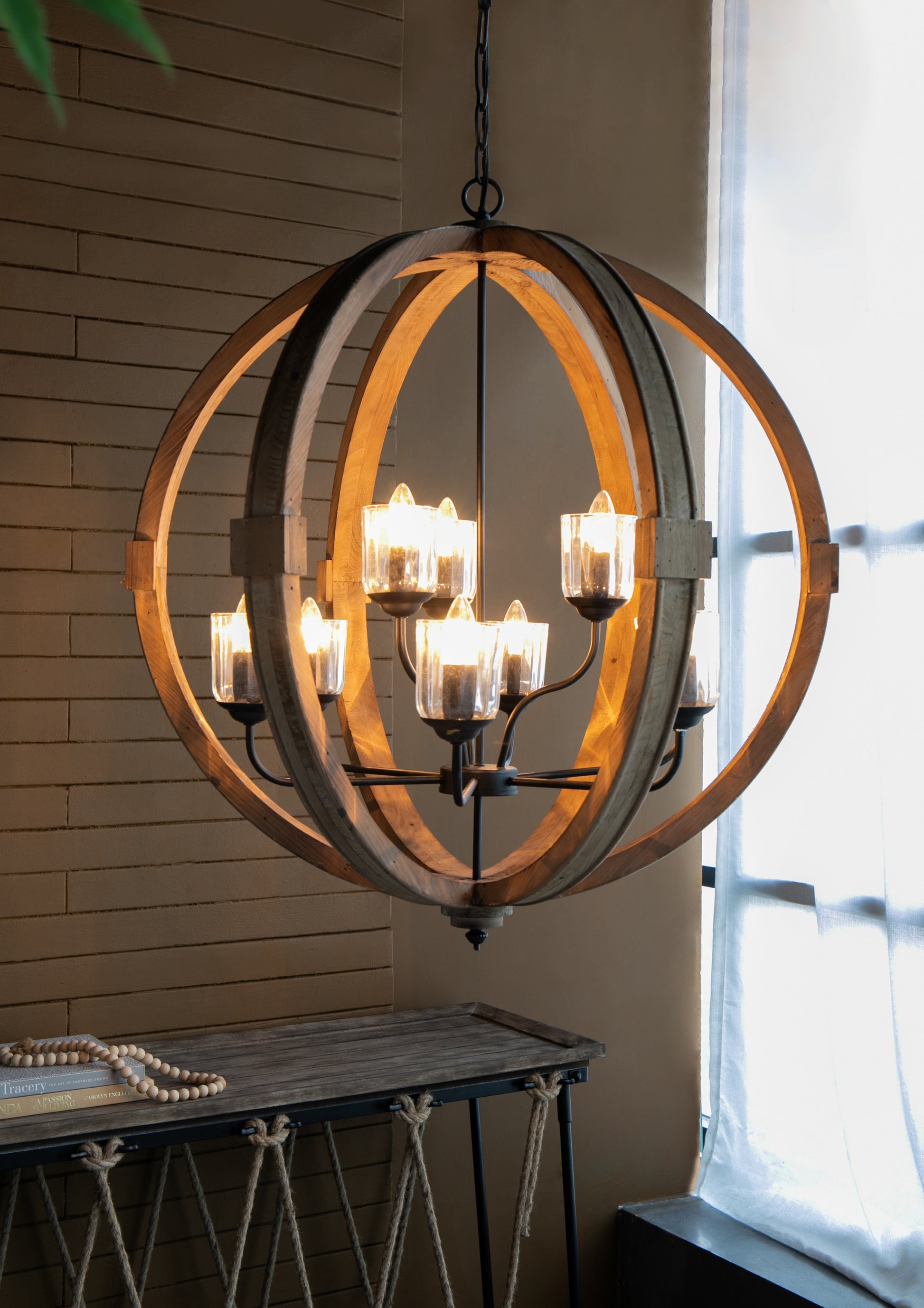 9 Light Globe Chandelier, Wood Chandelier Hanging Light Fixture With Adjustable Chain For Kitchen Dining Room Foyer Entryway, Bulb Not Included Brown Wood