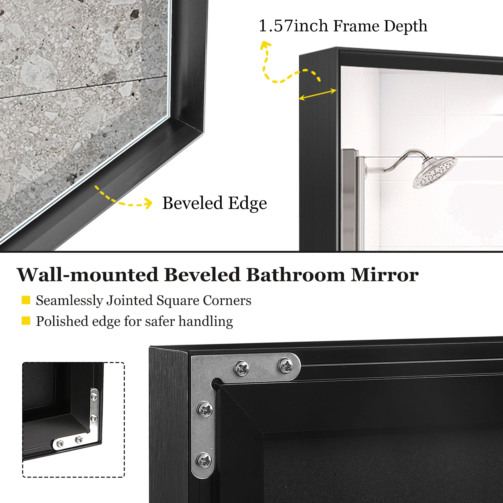 36X30Inch Glossy Black Bathroom Mirrors For Wall Rectangle Vanity Mirror Corner Hangs Farmhouse Mirror Modern Metal Framed Rectangular Mirror, Decorative Square Corner Mirror Horizontal & Vertical Black American Design Aluminum