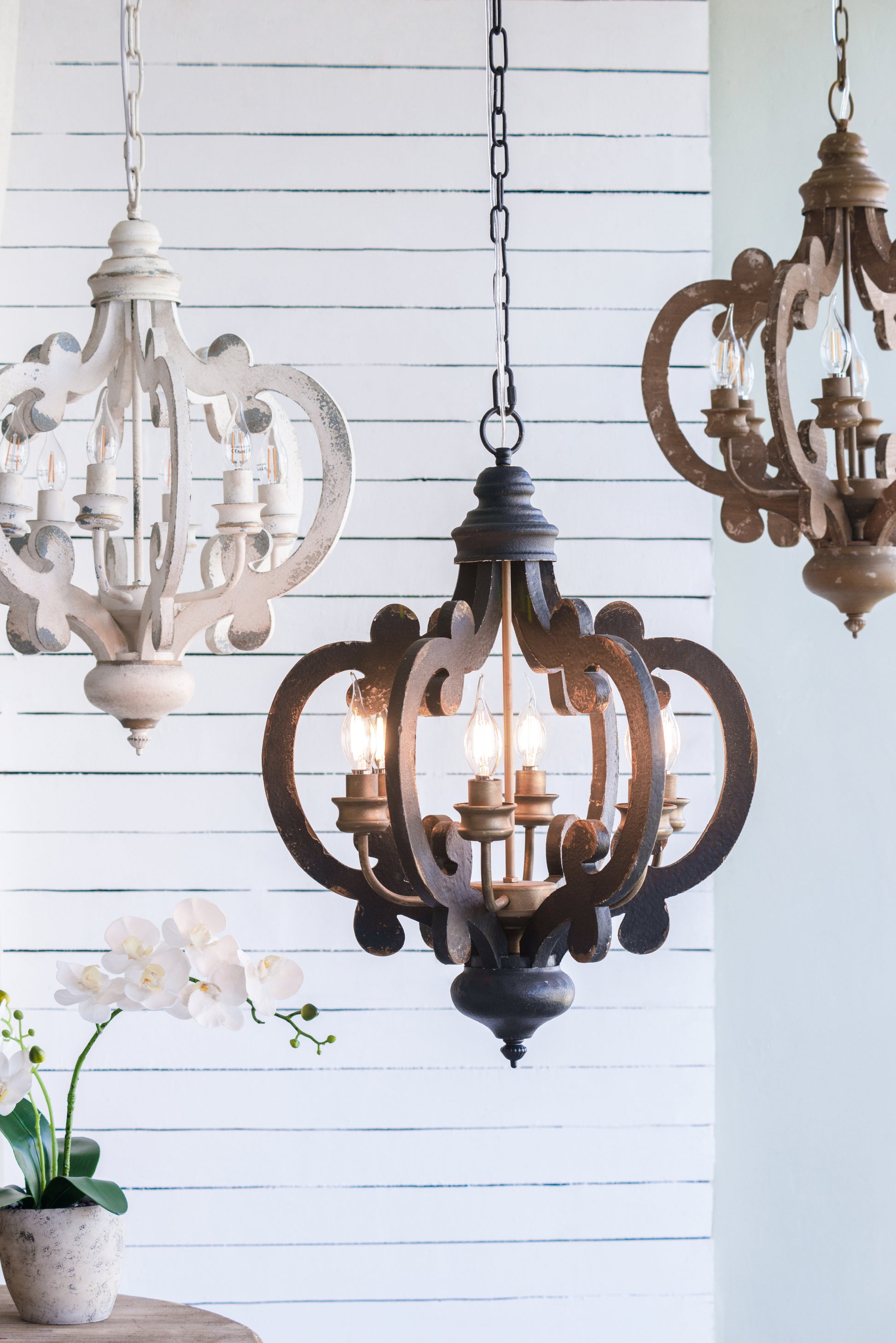 French Country Wood Chandelier, 6 Light Farmhouse Pendant Light Fixture With 28" Adjustable Chain For Kitchen Foyer Hallway, Bulb Not Included Black Mdf Metal