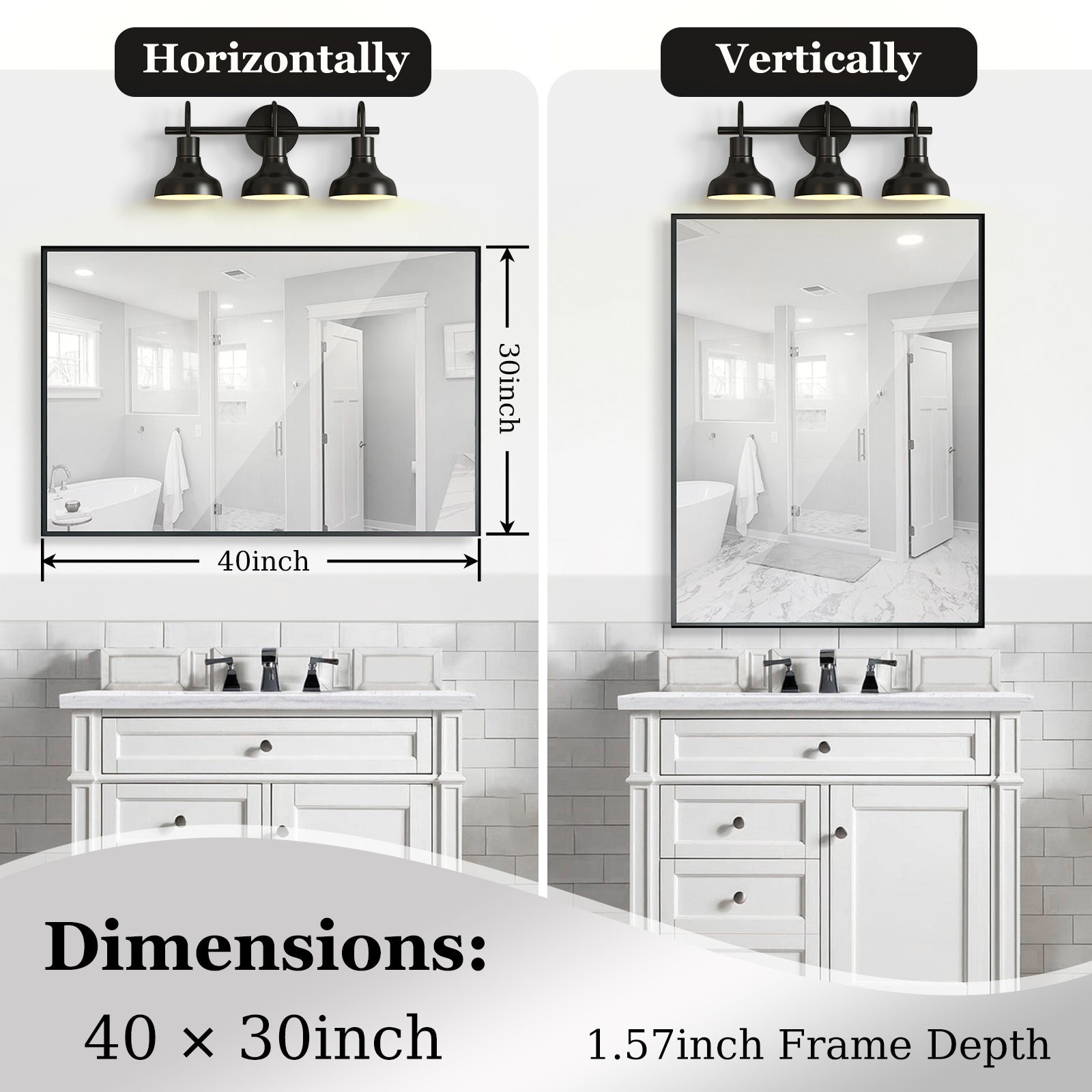 40X30Inch Glossy Black Bathroom Mirrors For Wall Rectangle Vanity Mirror Corner Hangs Farmhouse Mirror Modern Metal Framed Rectangular Mirror, Decorative Square Corner Mirror Horizontal & Vertical Black Minimalist,Modern Glass Aluminium Alloy