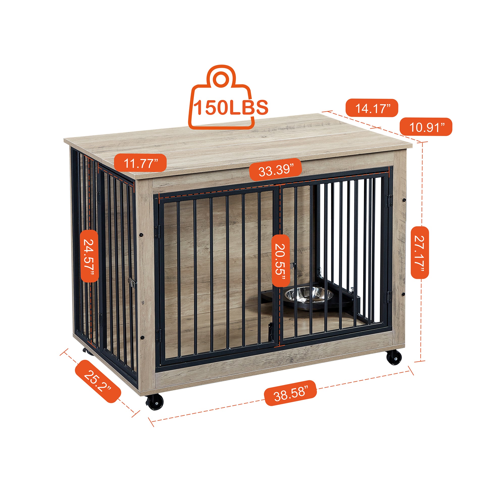 Furniture Style Dog Crate Side Table With Rotatable Feeding Bowl, Wheels, Three Doors, Flip Up Top Opening. Indoor, Grey, 38.58"W X 25.2"D X 27.17"H Grey Particle Board